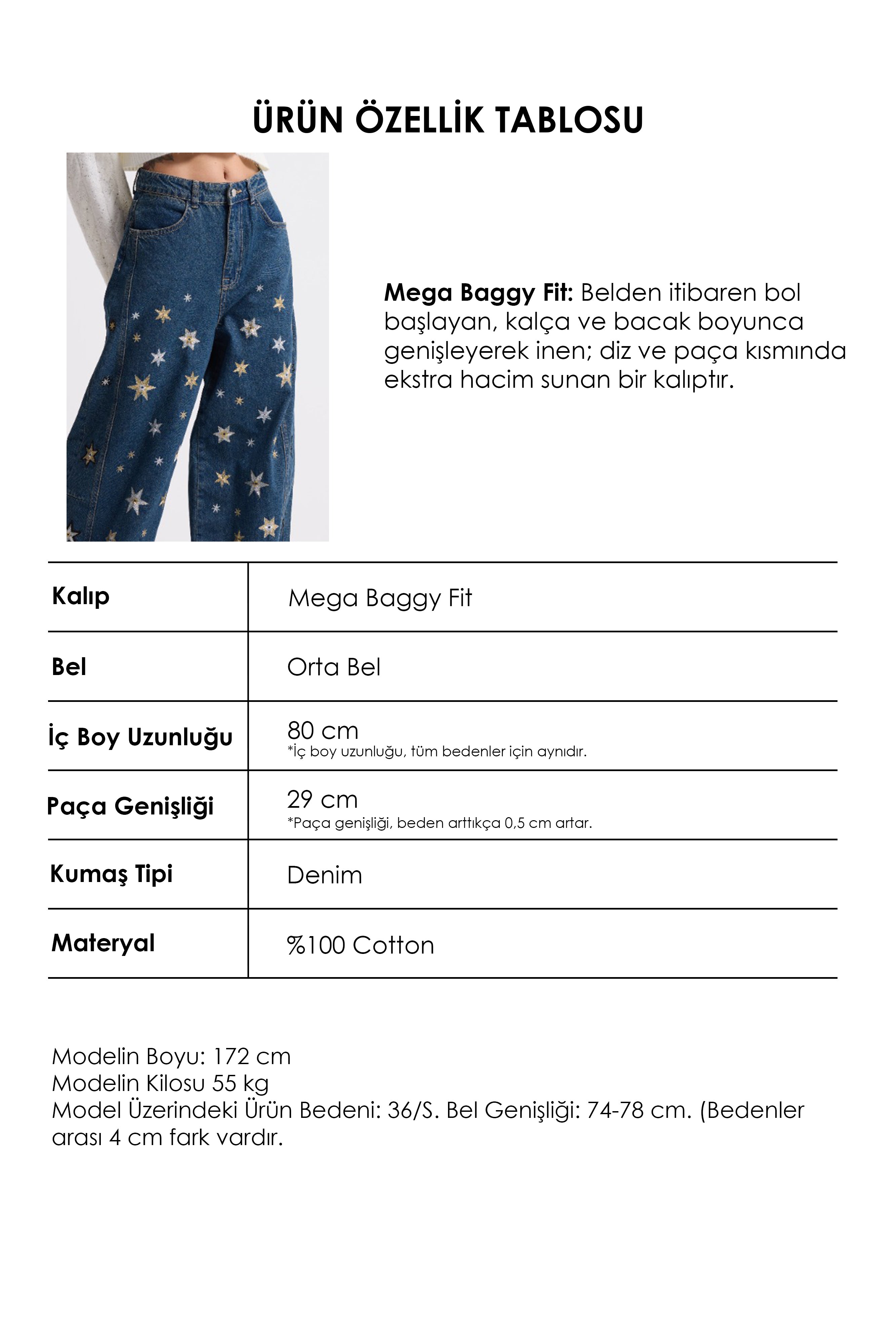 Kadın Koyu Kot 1w6-8 Mega Baggy Yıldız Nakış Detaylı Özel Tasarım Denim Jean