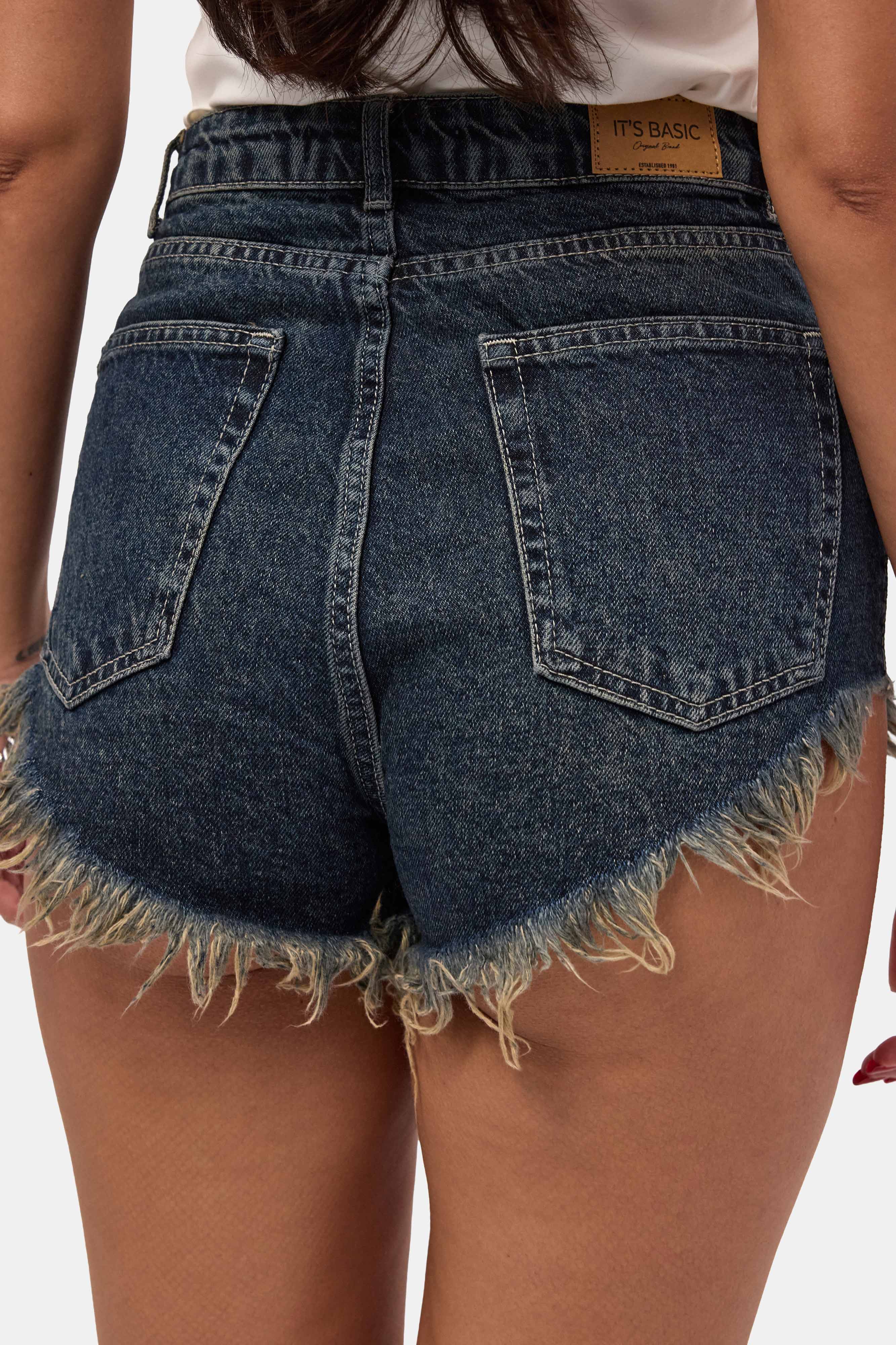 Kadın Koyu Kot 2s6 Mini Boy Paça Püsküllü Denim Şort