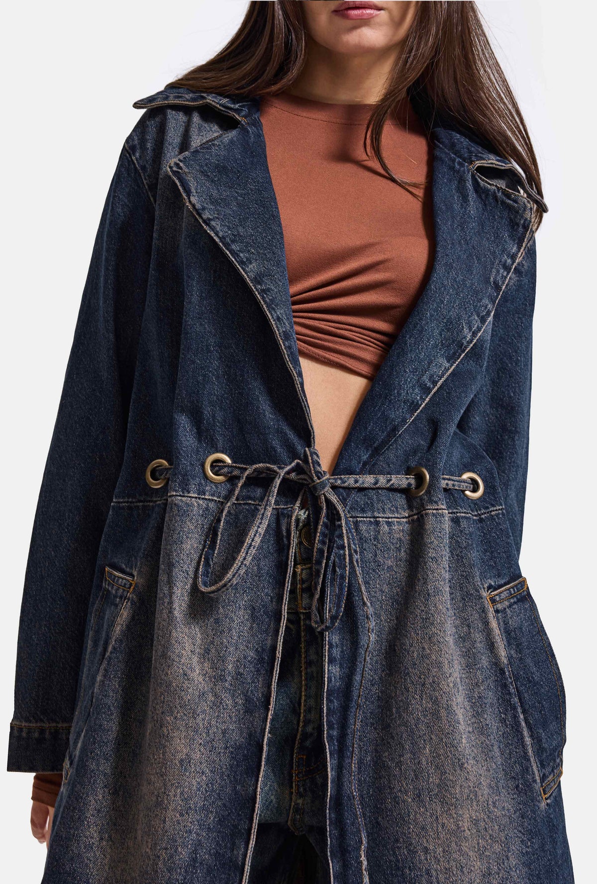 Kadın Koyu Kot 2w6-10 Relaxed Duster Trench Oversize Denim Kaban Trençkot