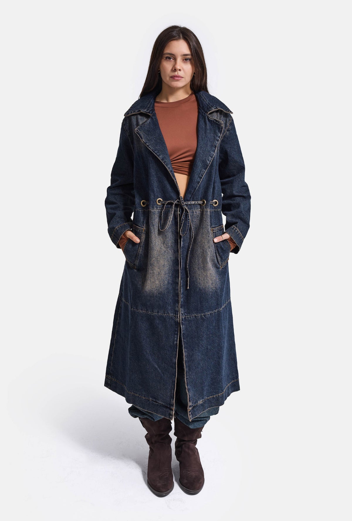Kadın Koyu Kot 2w6-10 Relaxed Duster Trench Oversize Denim Kaban Trençkot