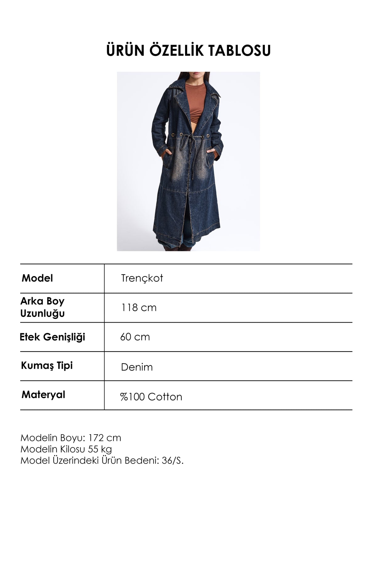 Kadın Koyu Kot 2w6-10 Relaxed Duster Trench Oversize Denim Kaban Trençkot