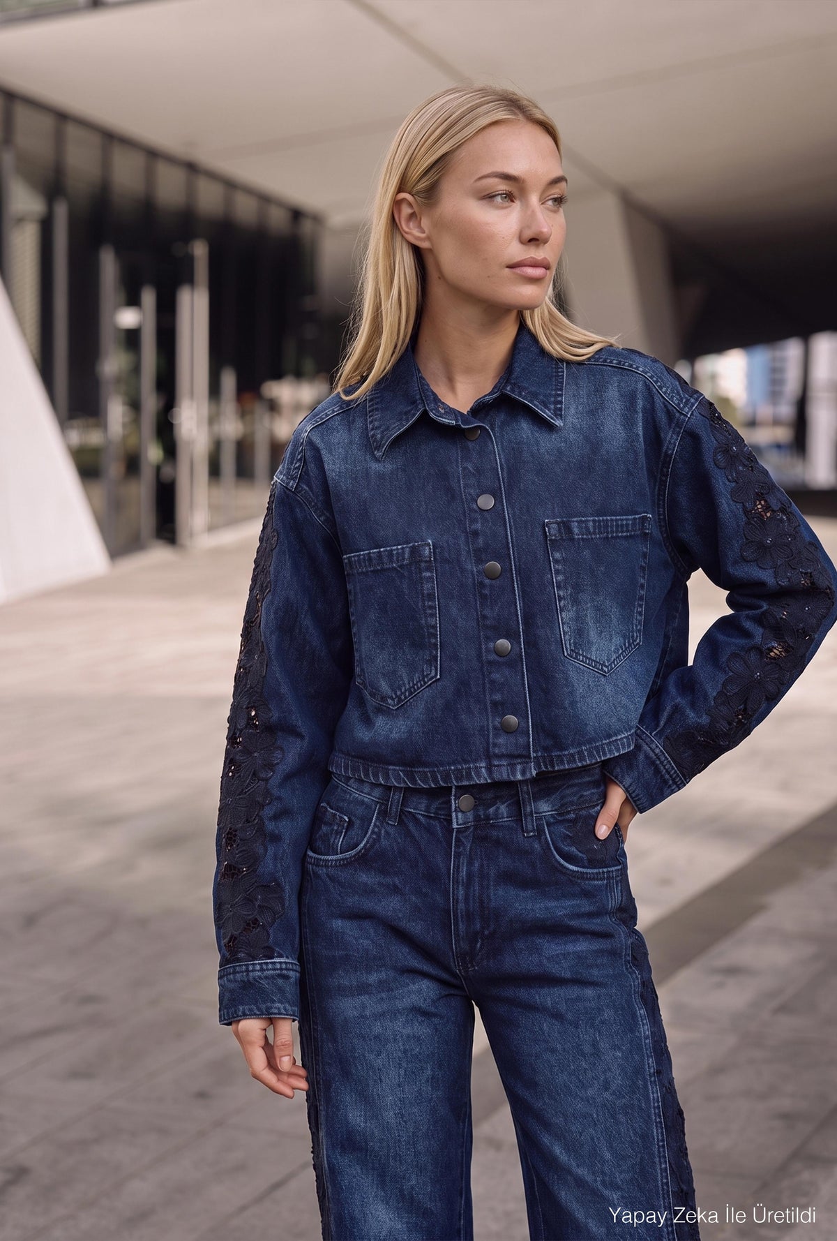Kadın Koyu Kot 2w6-7 Dantel Nakış Detaylı Kemer Boy Özel Tasarım Denim Ceket