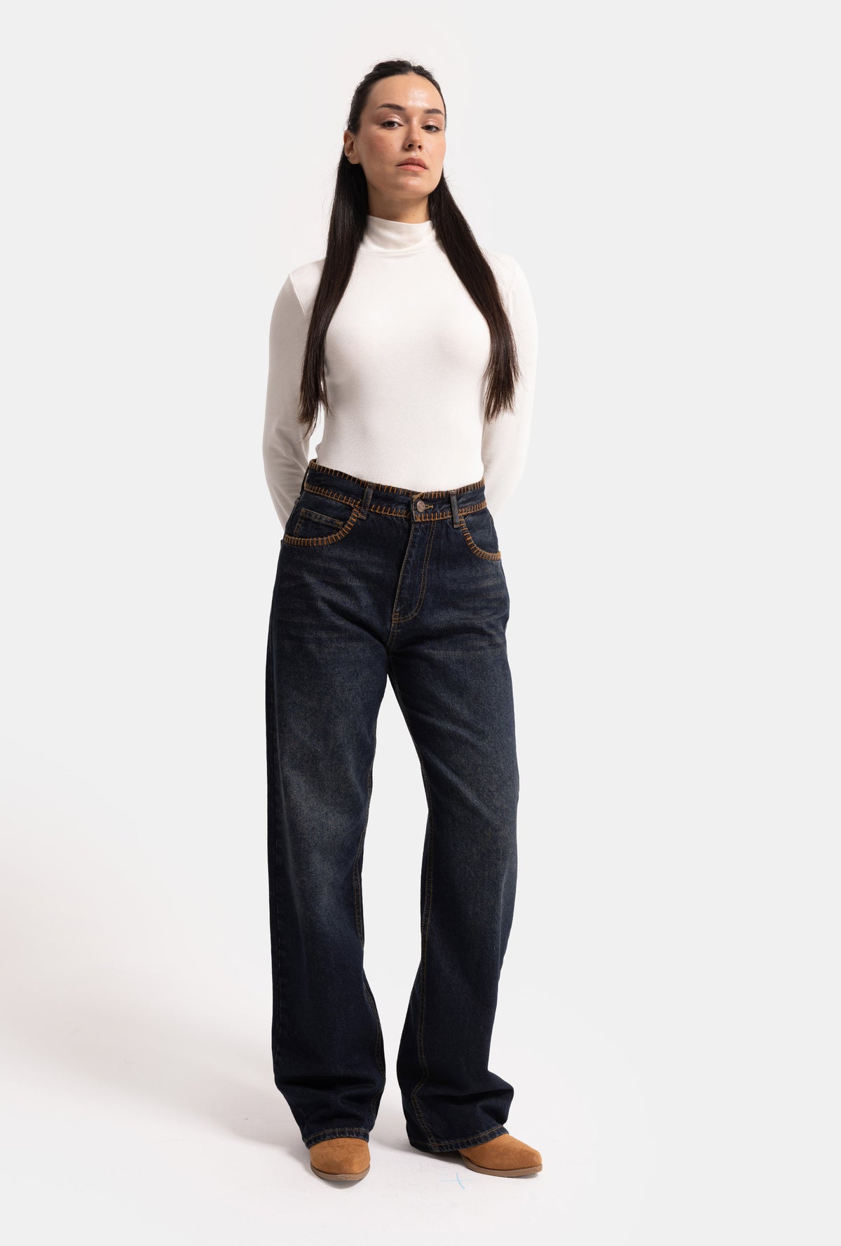 Kadın Koyu Kot 2w6-8 Loose Fit Kemer Dikiş Detaylı Özel Tasarım Denim Jean
