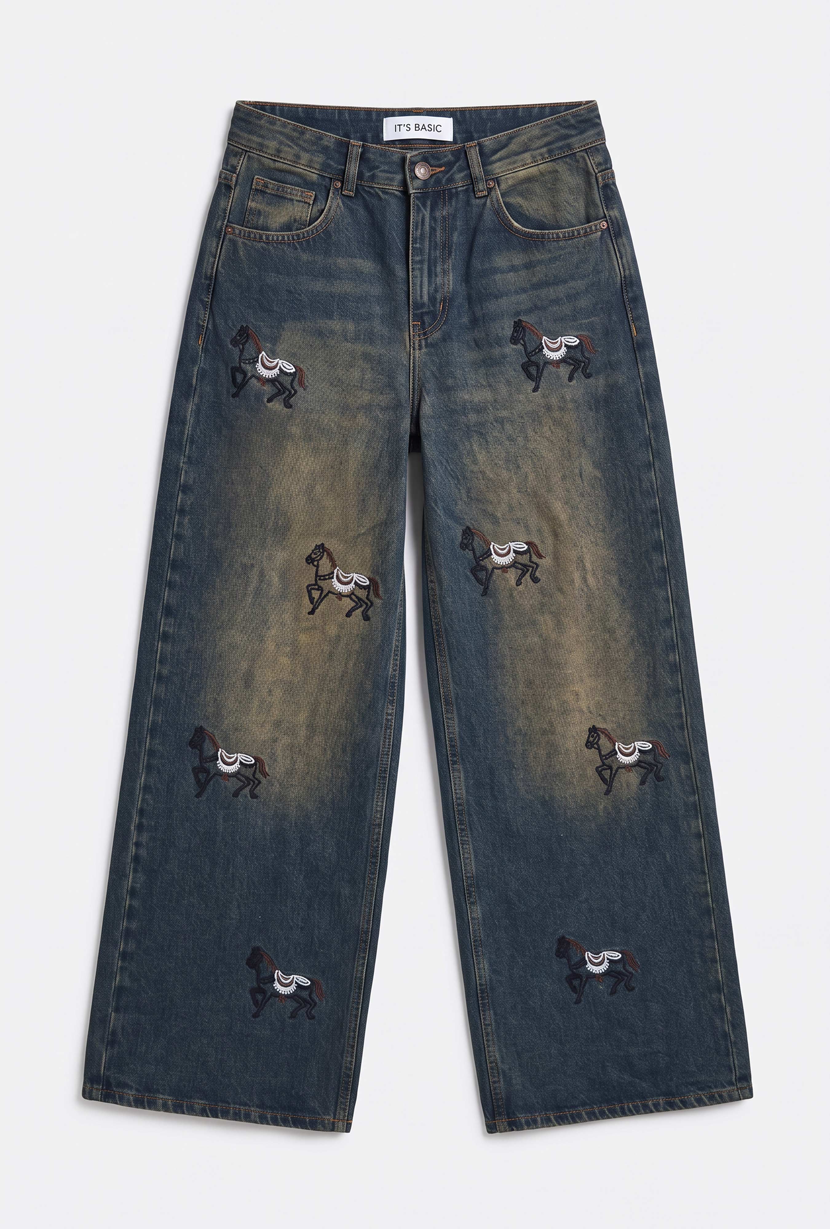 Kadın Koyu Kot 2w6-8 Palazzo Fit Özel Nakış Desenli Tasarım Denim Jean