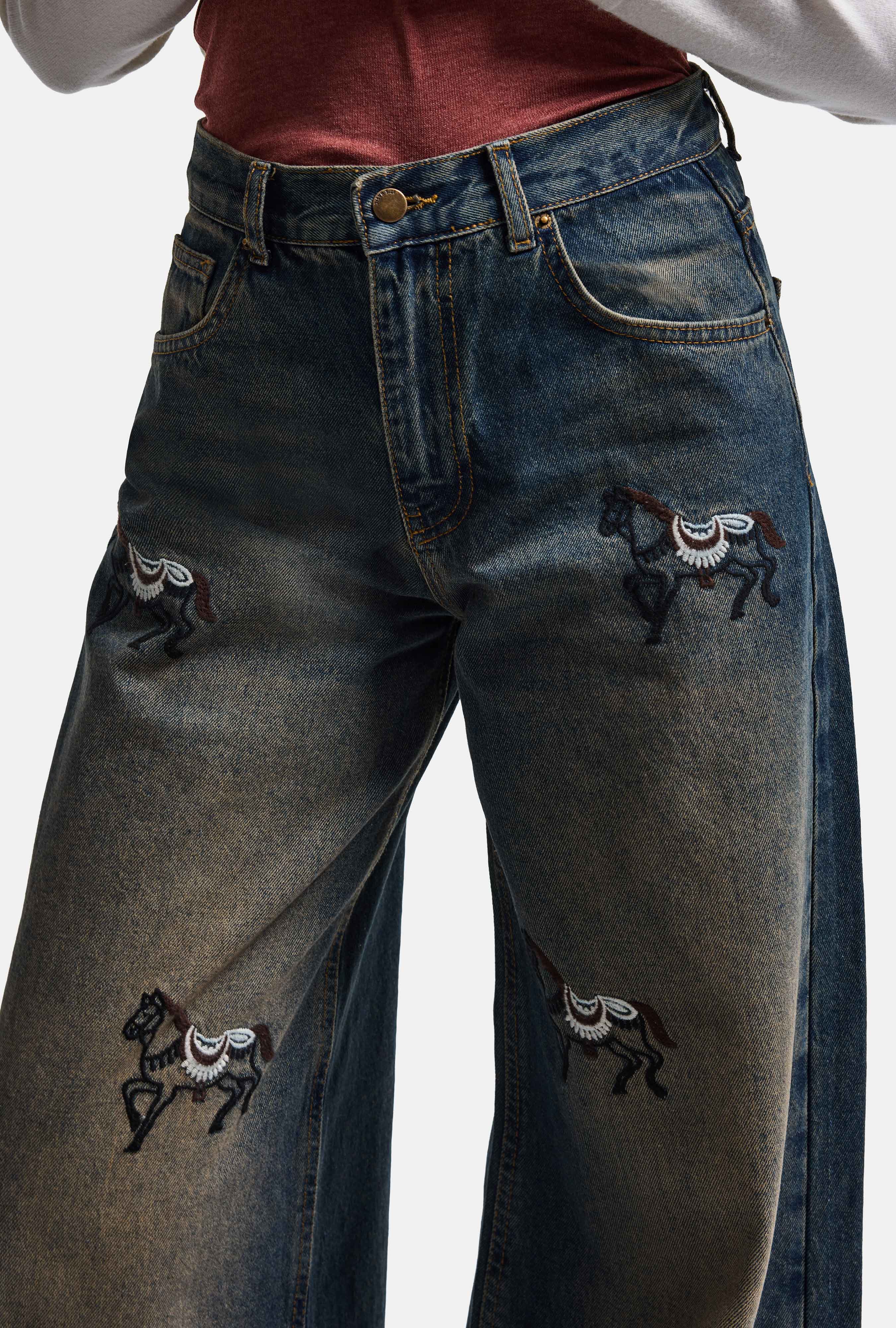 Kadın Koyu Kot 2w6-8 Palazzo Fit Özel Nakış Desenli Tasarım Denim Jean
