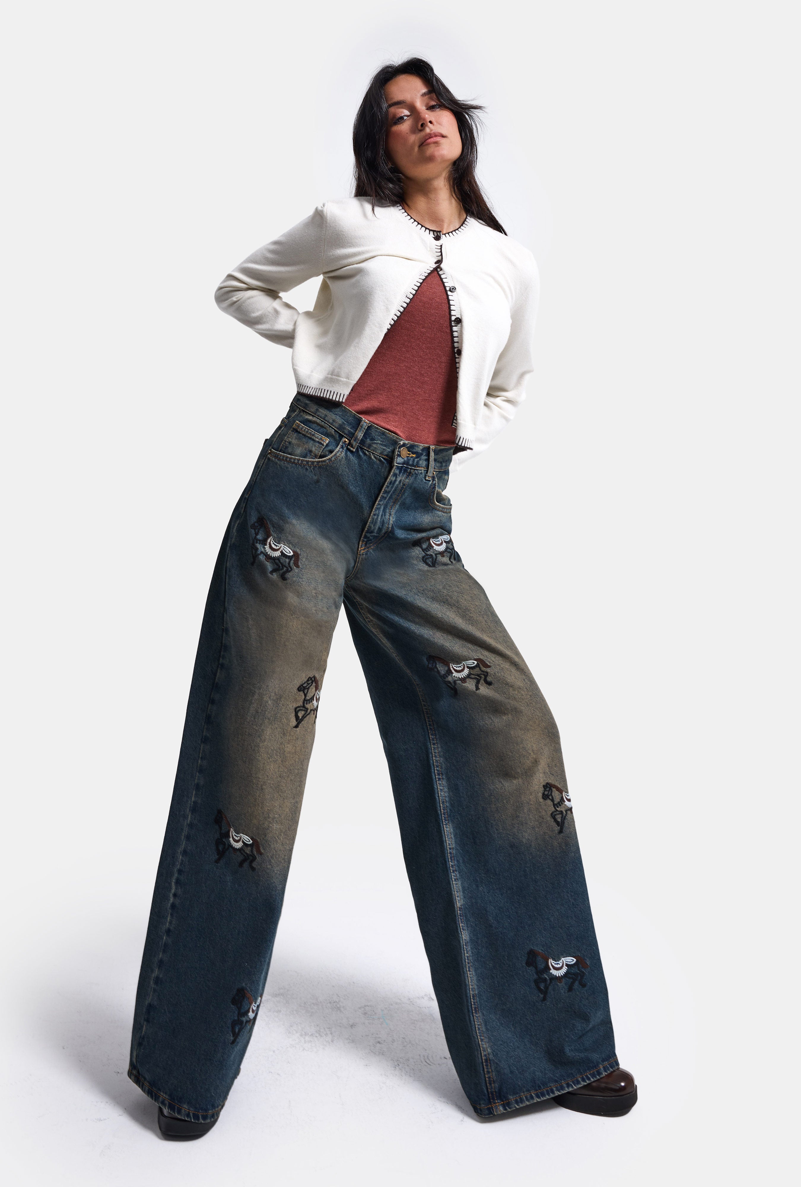 Kadın Koyu Kot 2w6-8 Palazzo Fit Özel Nakış Desenli Tasarım Denim Jean
