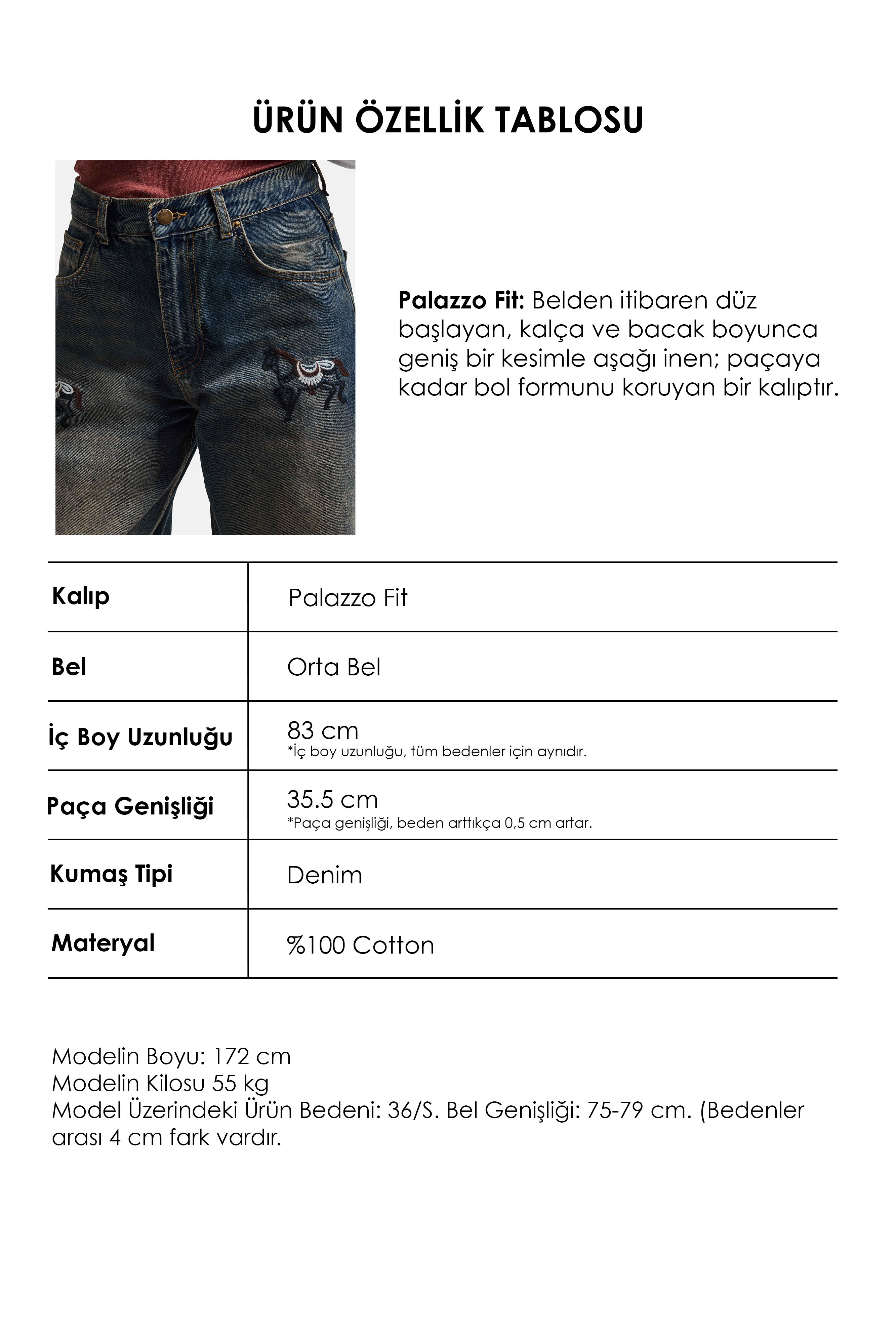 Kadın Koyu Kot 2w6-8 Palazzo Fit Özel Nakış Desenli Tasarım Denim Jean