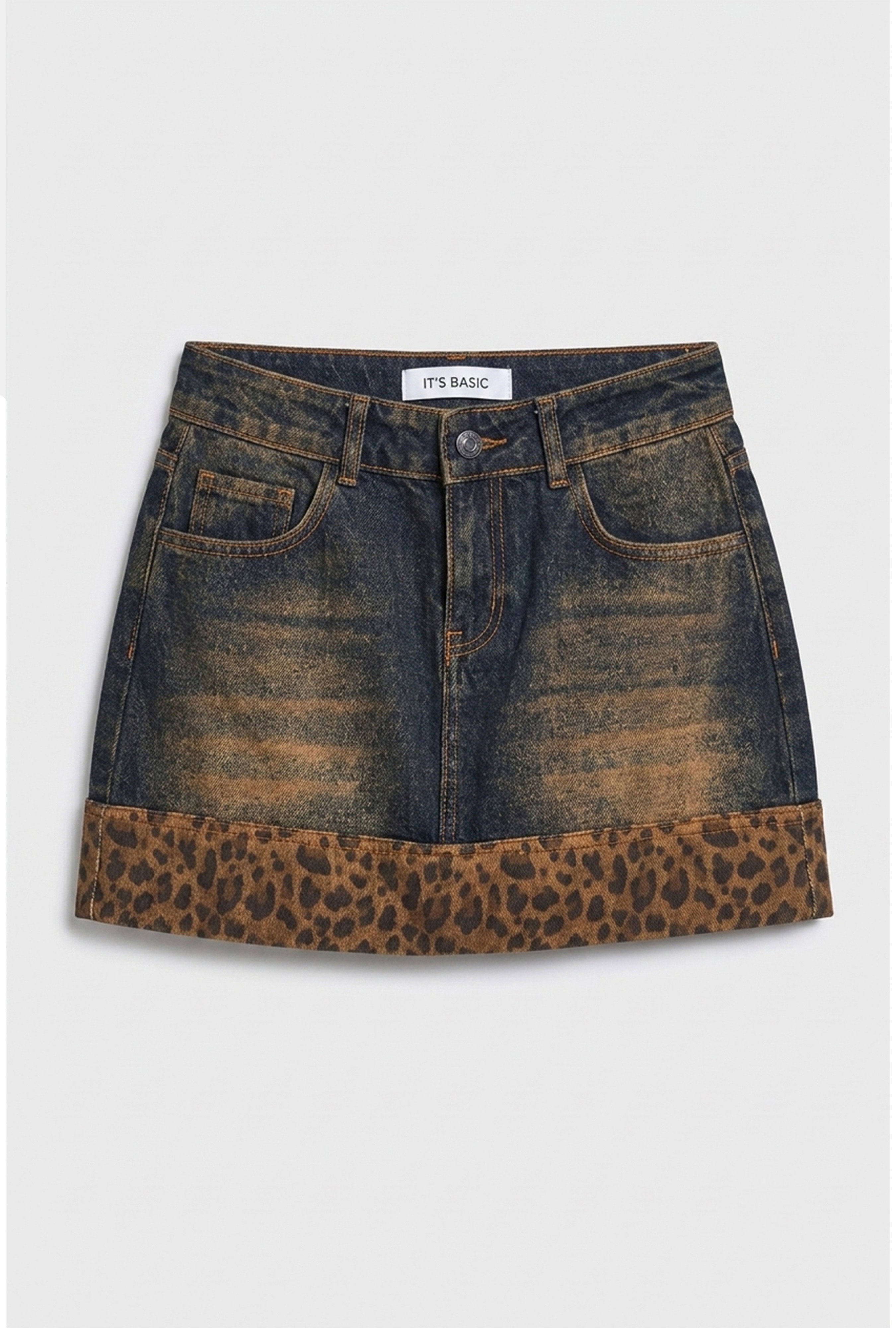 Kadın Koyu Kot 2w6-8 Straight Leopar Detaylı Tasarım denim Etek