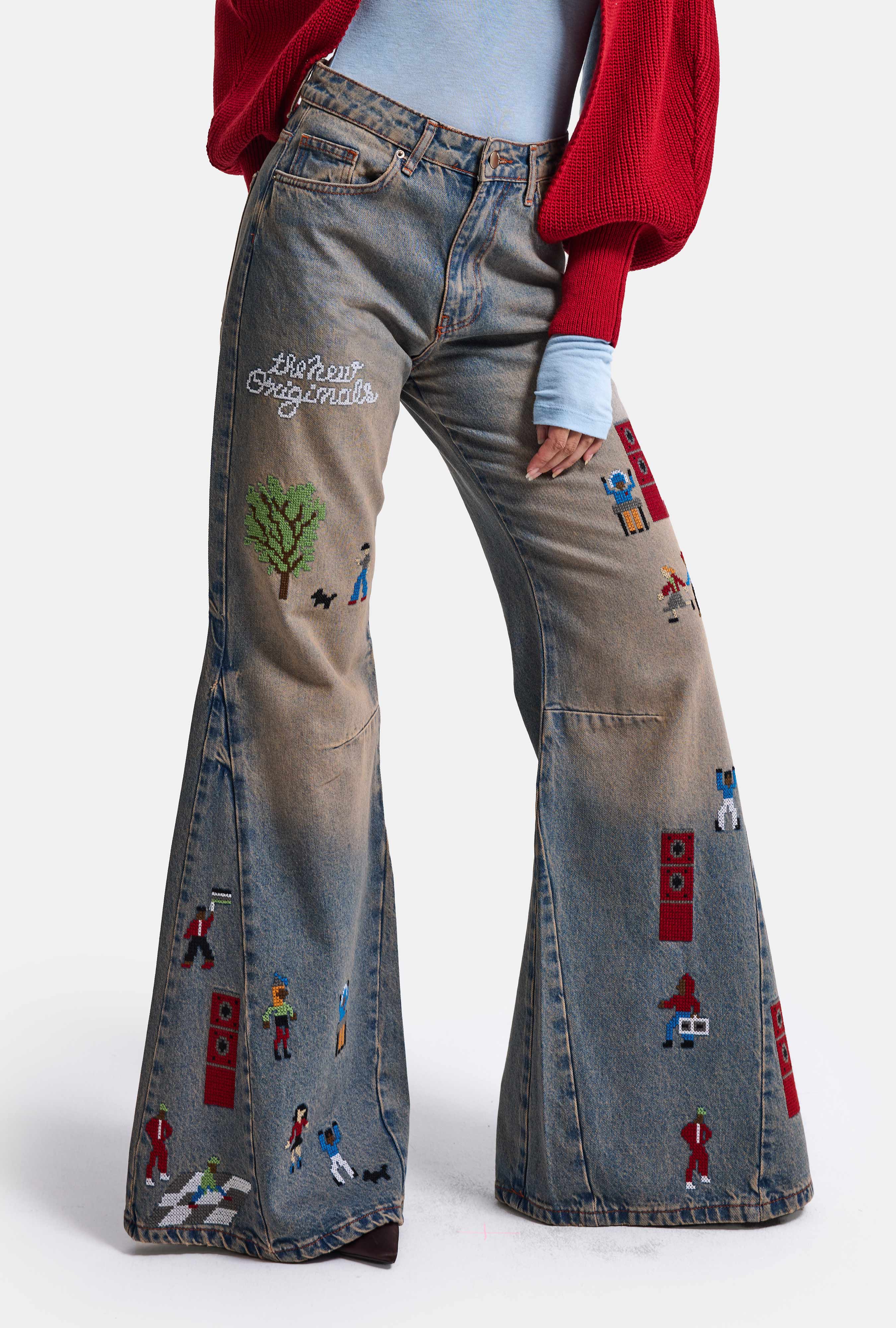 Kadın Koyu Kot 2w6-85 Loose Flare Fit Nakış Detaylı Özel Tsarım Denim Jean