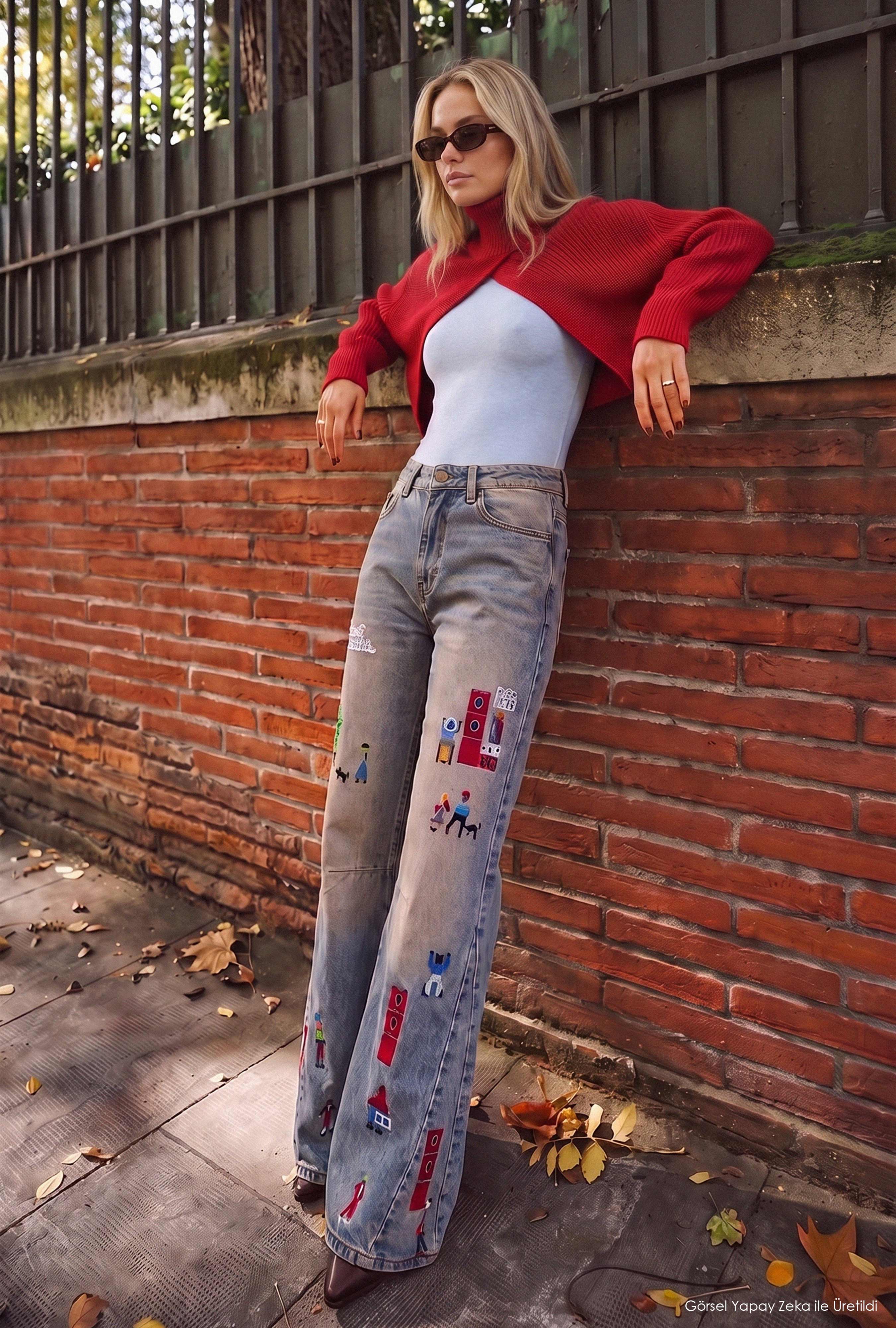 Kadın Koyu Kot 2w6-85 Loose Flare Fit Nakış Detaylı Özel Tsarım Denim Jean