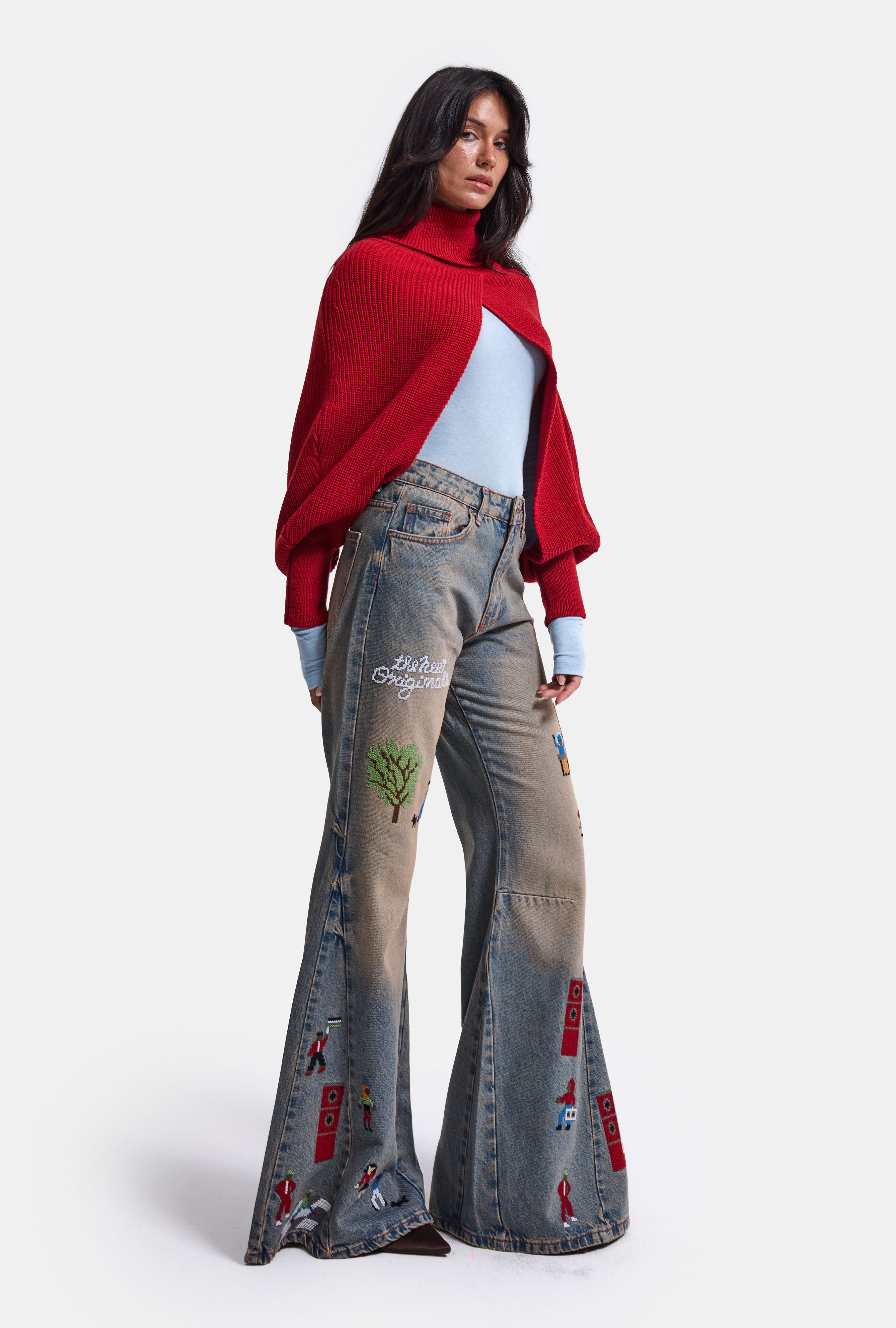 Kadın Koyu Kot 2w6-85 Loose Flare Fit Nakış Detaylı Özel Tsarım Denim Jean