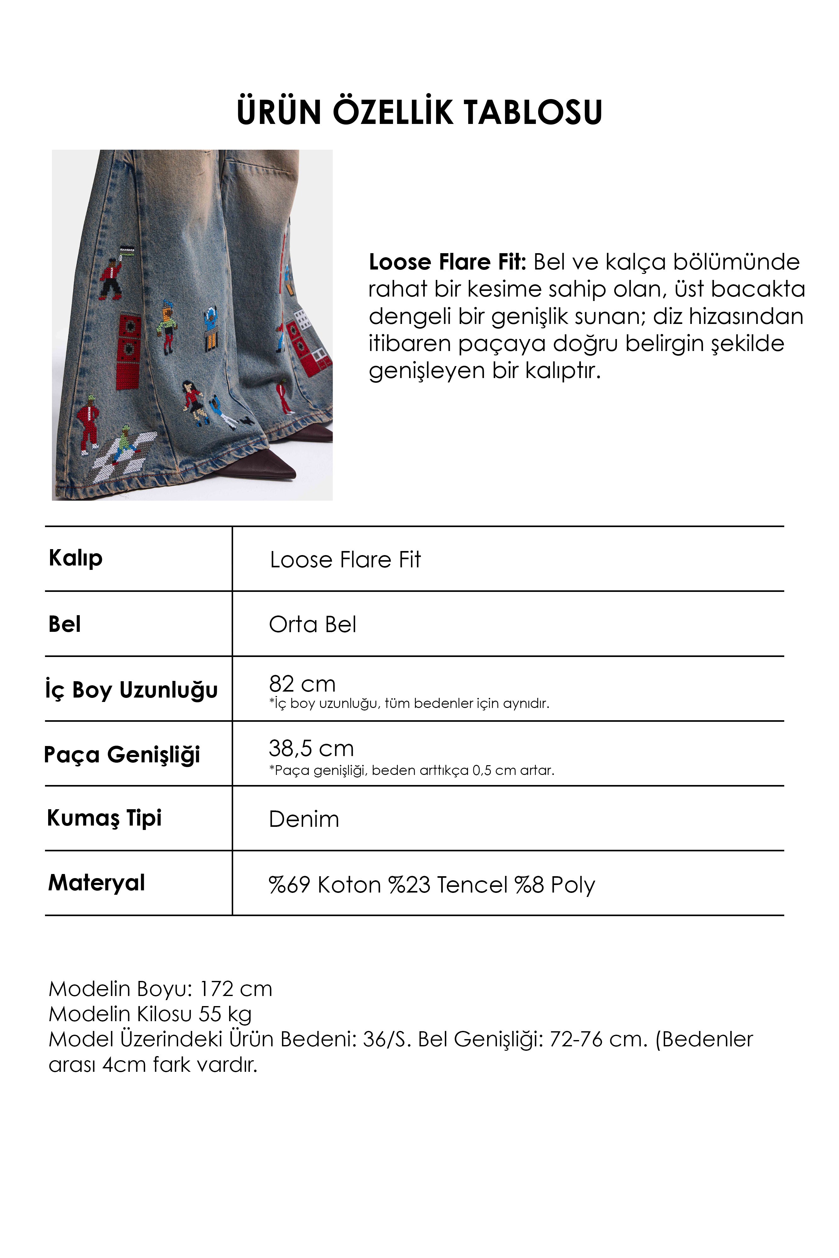 Kadın Koyu Kot 2w6-85 Loose Flare Fit Nakış Detaylı Özel Tsarım Denim Jean