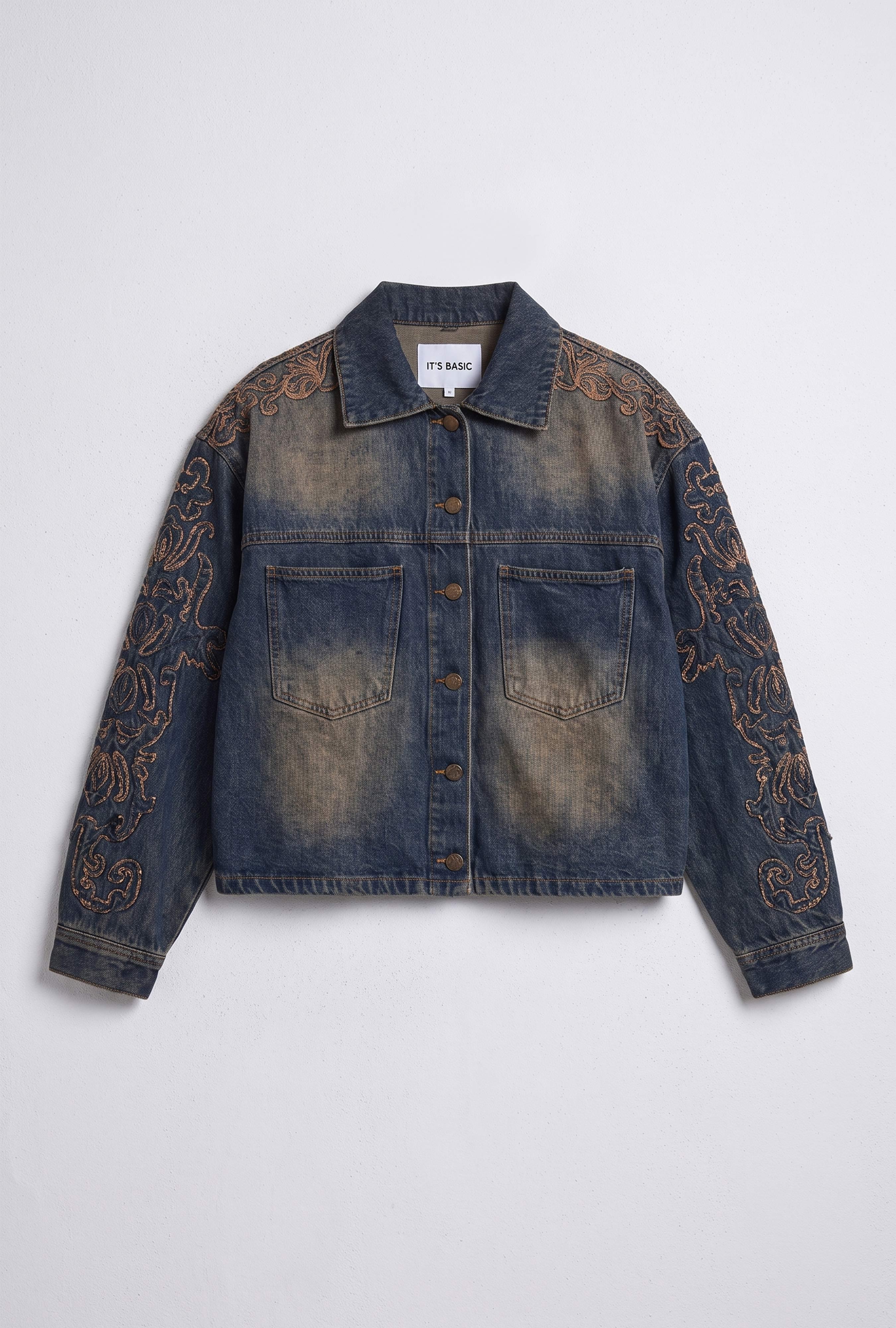Kadın Koyu Kot 4w6-32 Oversize Nakış Detaylı Tasarım Denim Ceket
