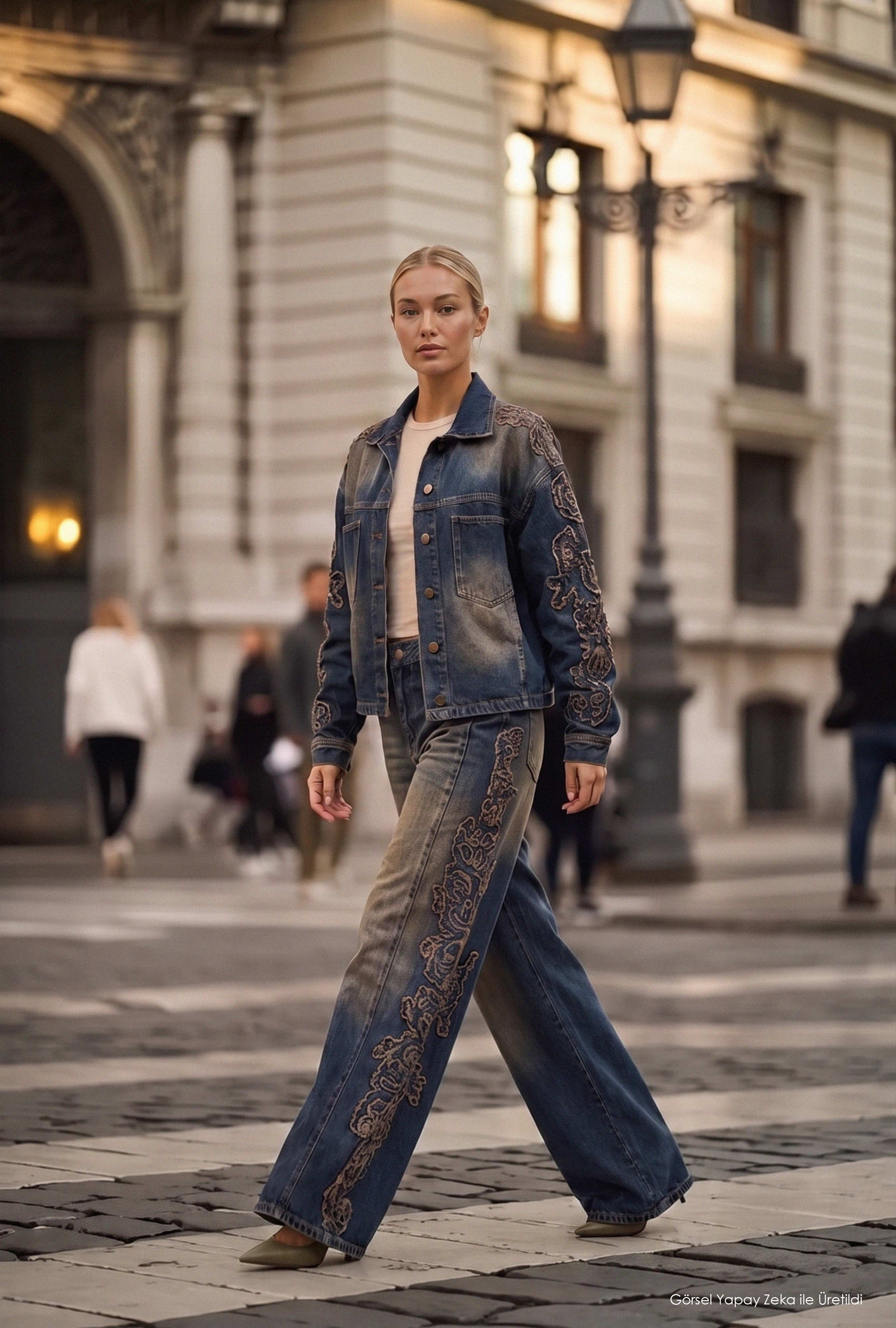 Kadın Koyu Kot 4w6-32 Oversize Nakış Detaylı Tasarım Denim Ceket
