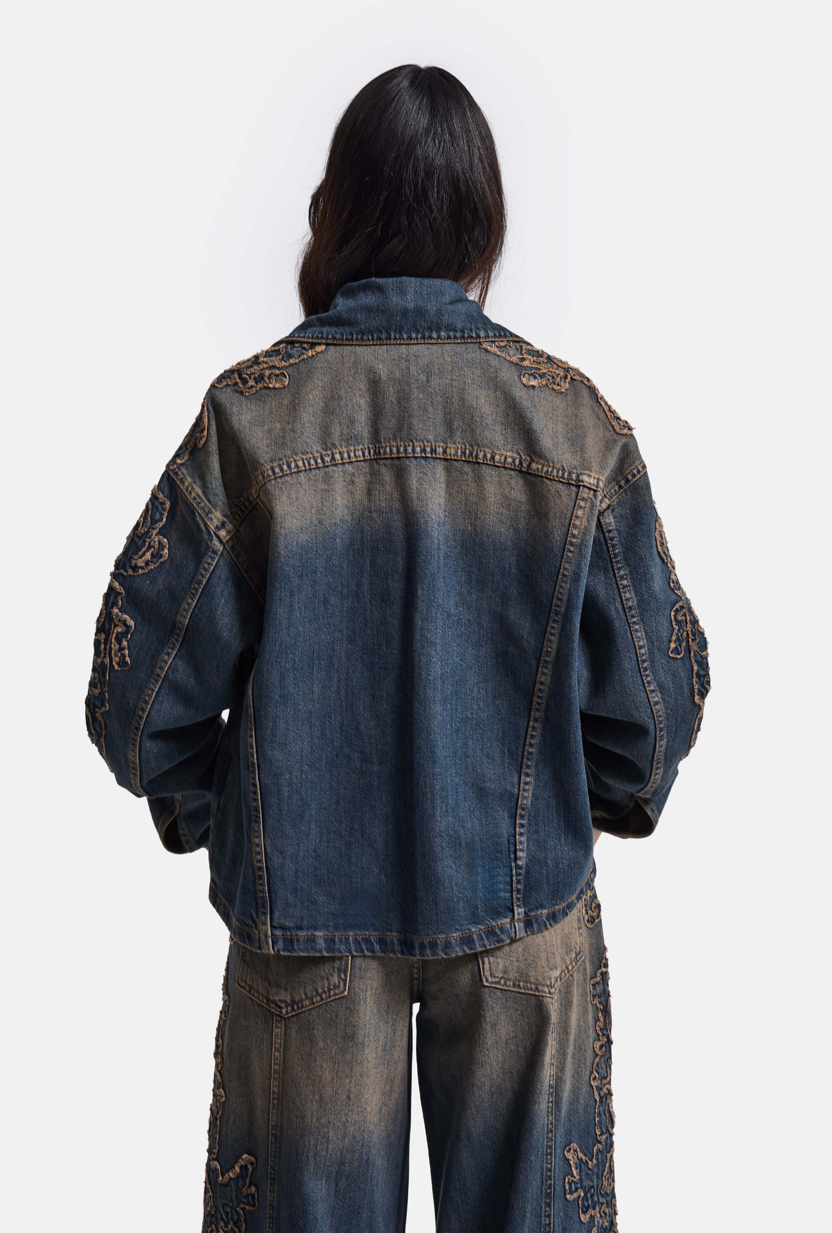 Kadın Koyu Kot 4w6-32 Oversize Nakış Detaylı Tasarım Denim Ceket