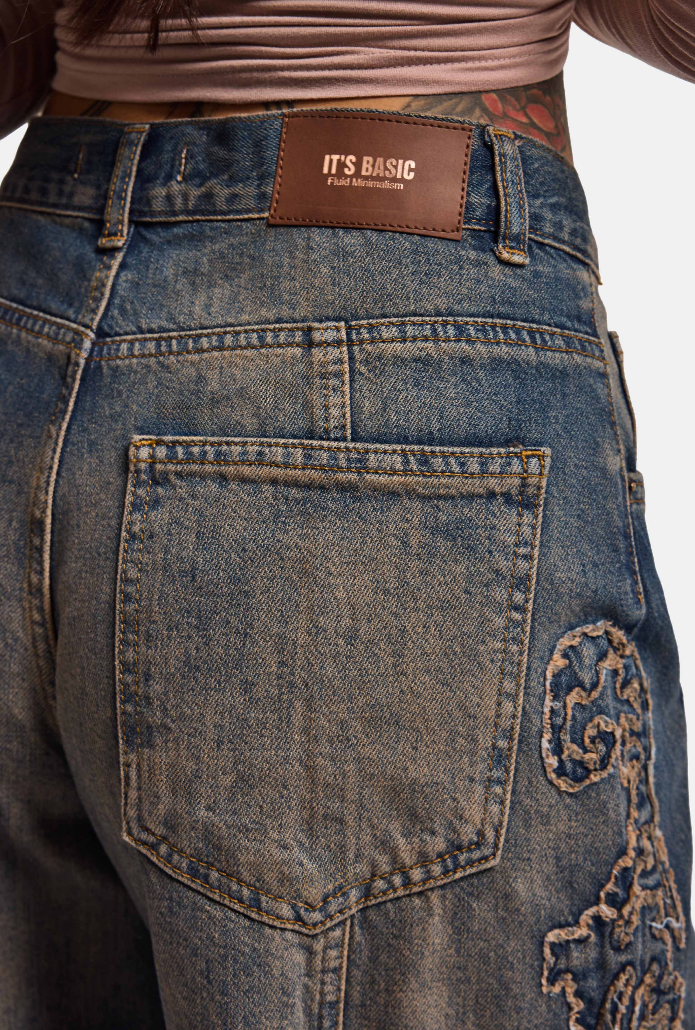 Kadın Koyu Kot 4w6-32 Palazzo Fit Özel Nakış Detaylı Tasarım Denim Jean
