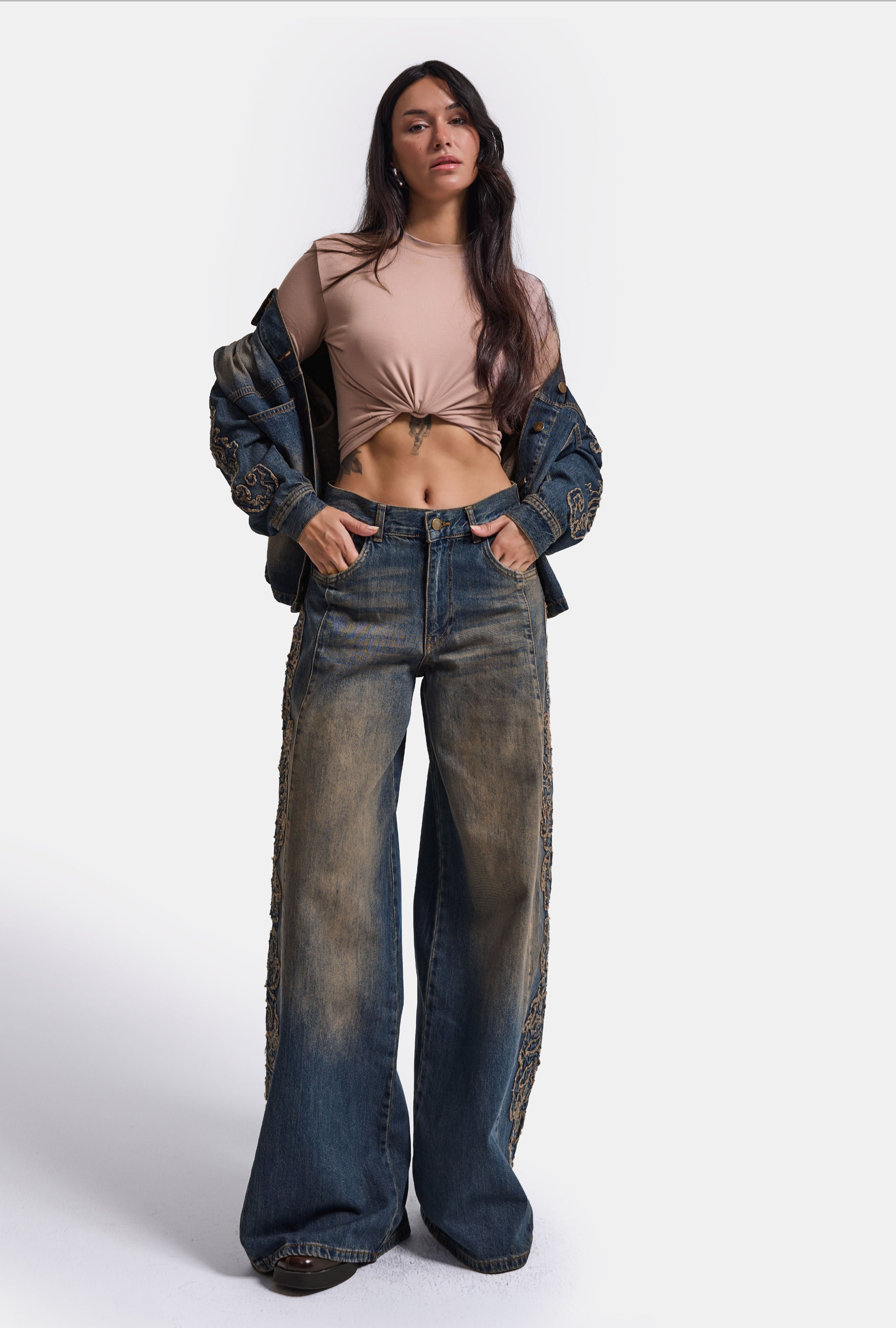 Kadın Koyu Kot 4w6-32 Palazzo Fit Özel Nakış Detaylı Tasarım Denim Jean