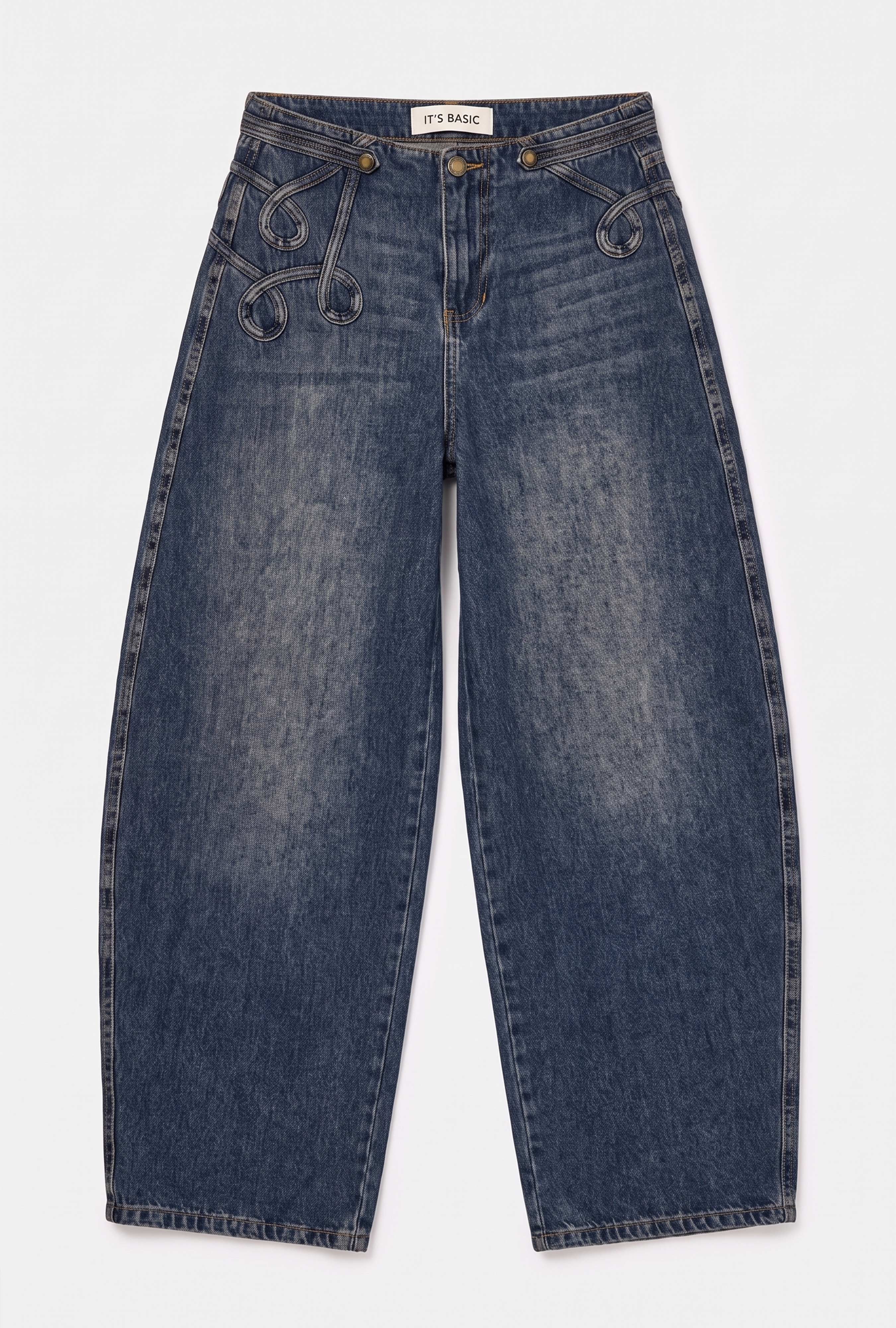 Kadın Koyu Kot 4w6-8 Barrel Fit Bol Kesim Nakış Detaylı Tasarım Denim Jean