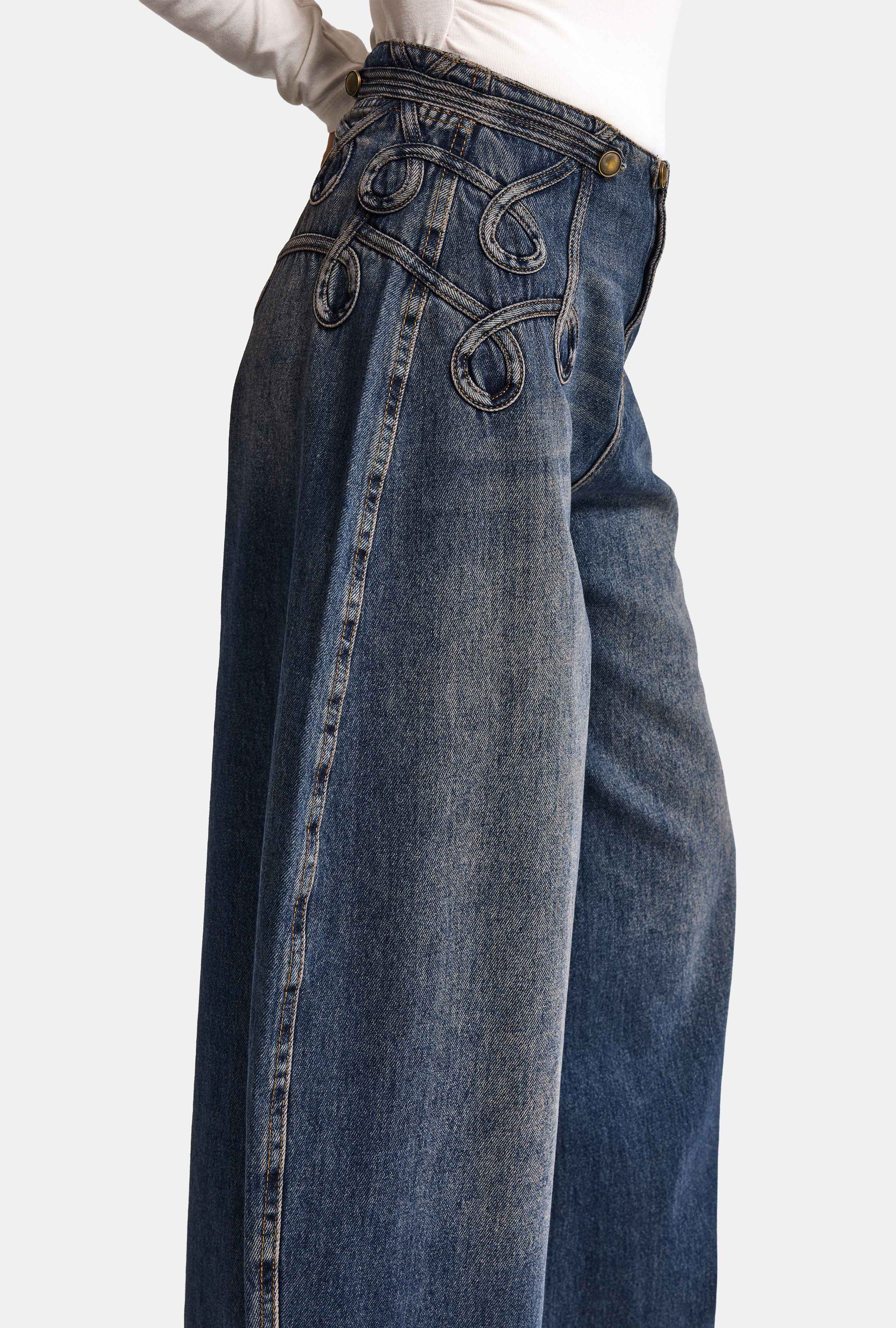 Kadın Koyu Kot 4w6-8 Barrel Fit Bol Kesim Nakış Detaylı Tasarım Denim Jean