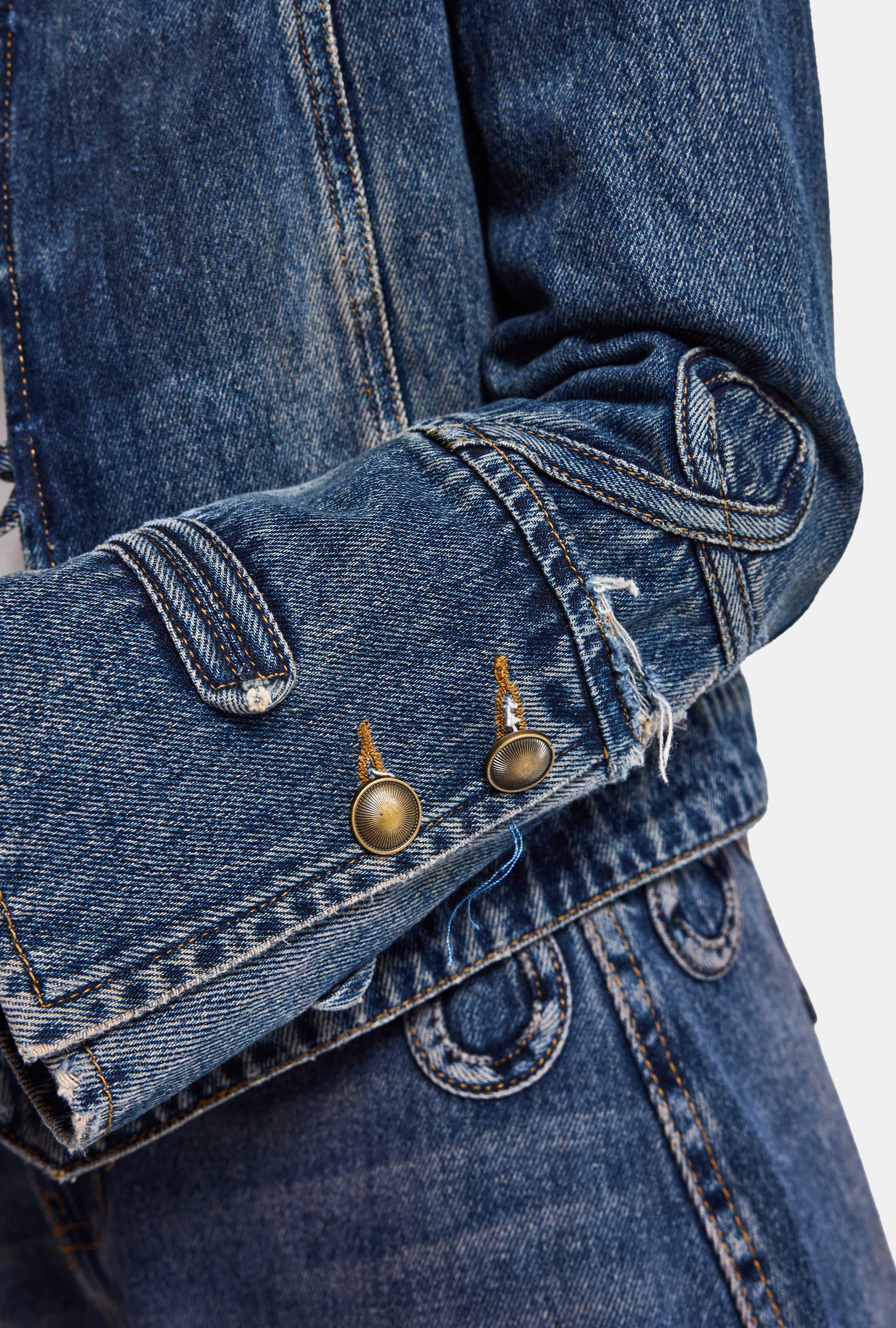 Kadın Koyu Kot 4w6-8 Kemer Boy Nakış Detaylı Tasarım Napolyon Denim Ceket