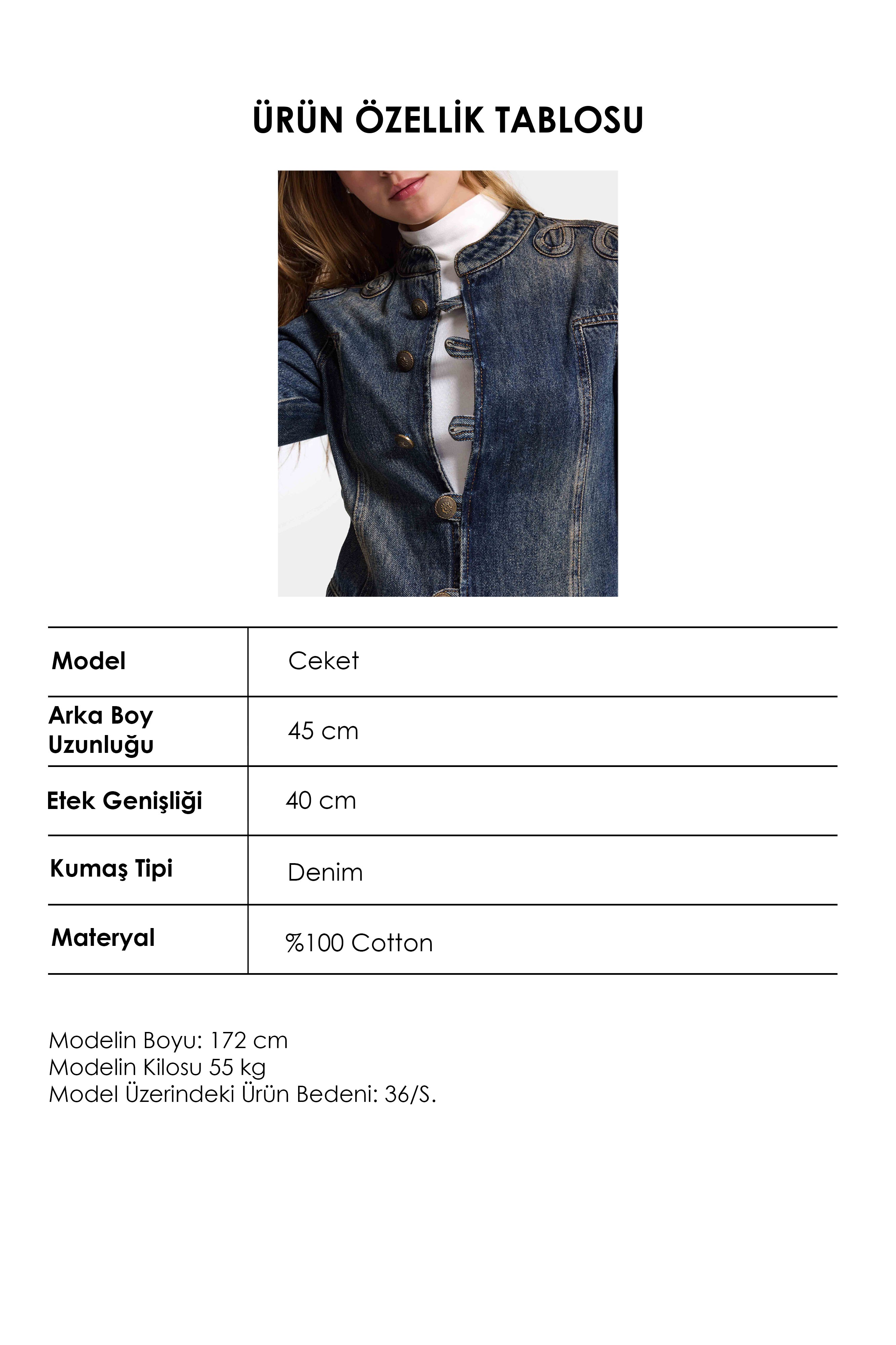 Kadın Koyu Kot 4w6-8 Kemer Boy Nakış Detaylı Tasarım Napolyon Denim Ceket