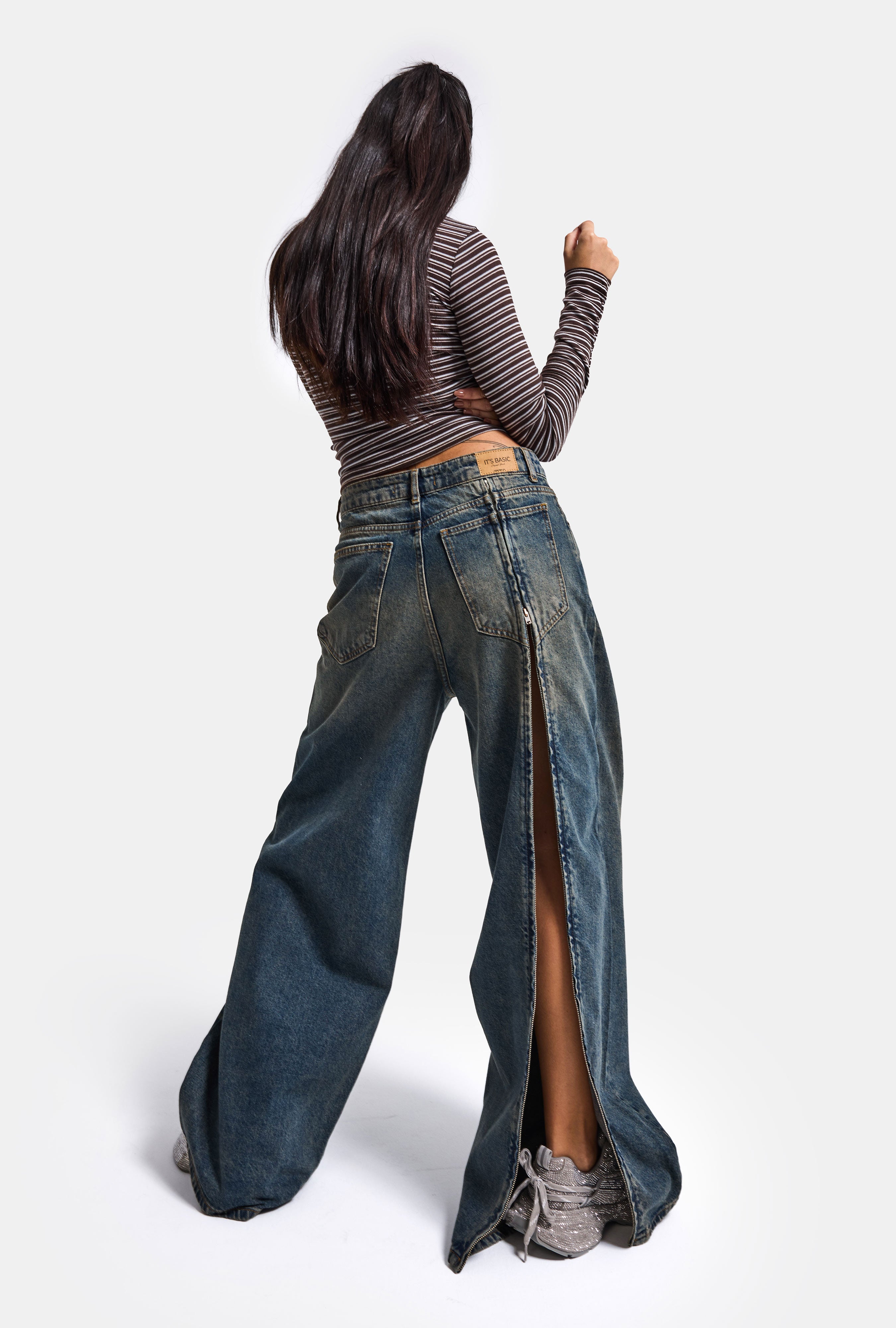 Kadın Koyu Kot 4w6-8 Mega Baggy Arkadan Fermuar Detaylı Özel Tasarım Denim Jean