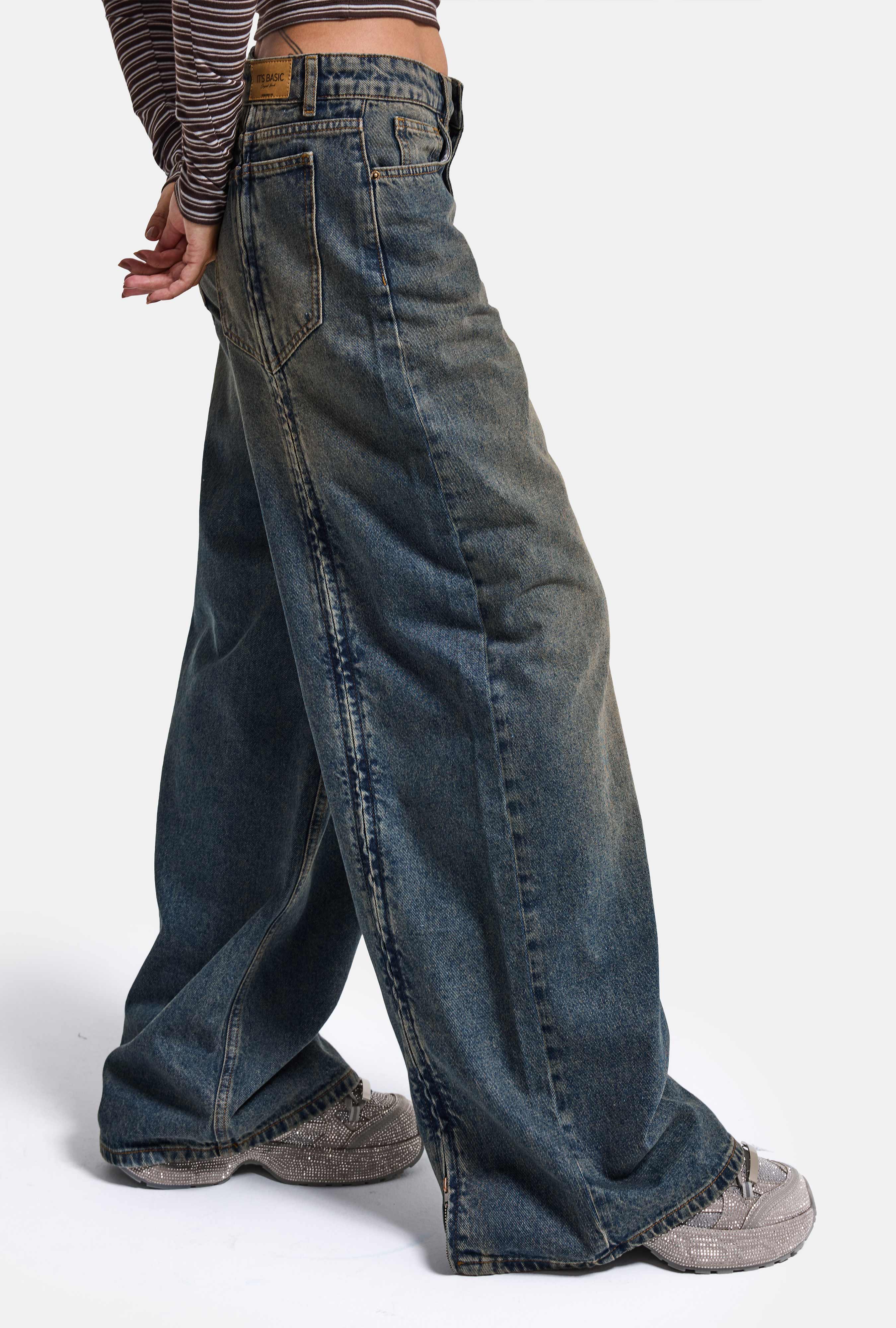 Kadın Koyu Kot 4w6-8 Mega Baggy Arkadan Fermuar Detaylı Özel Tasarım Denim Jean