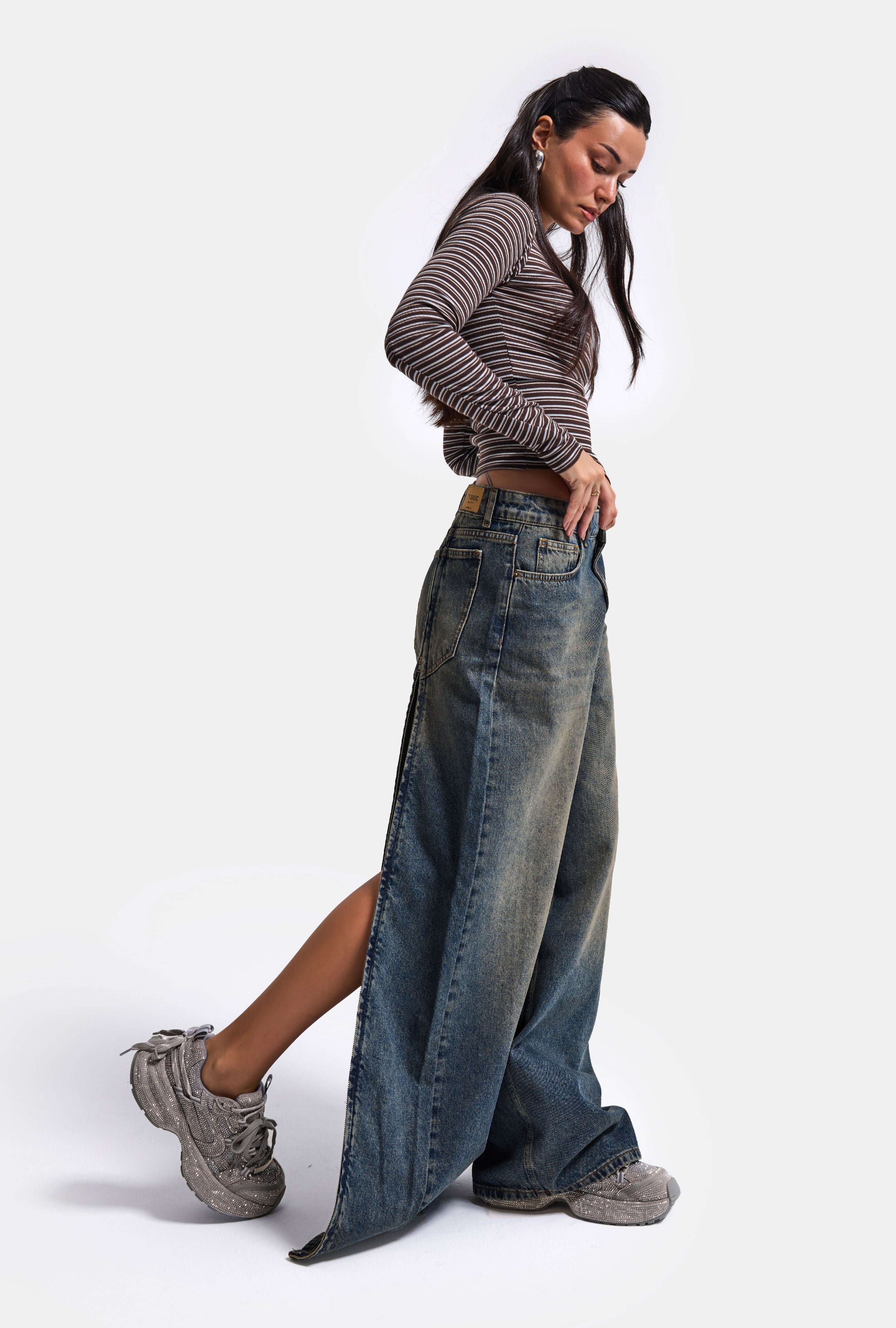 Kadın Koyu Kot 4w6-8 Mega Baggy Arkadan Fermuar Detaylı Özel Tasarım Denim Jean