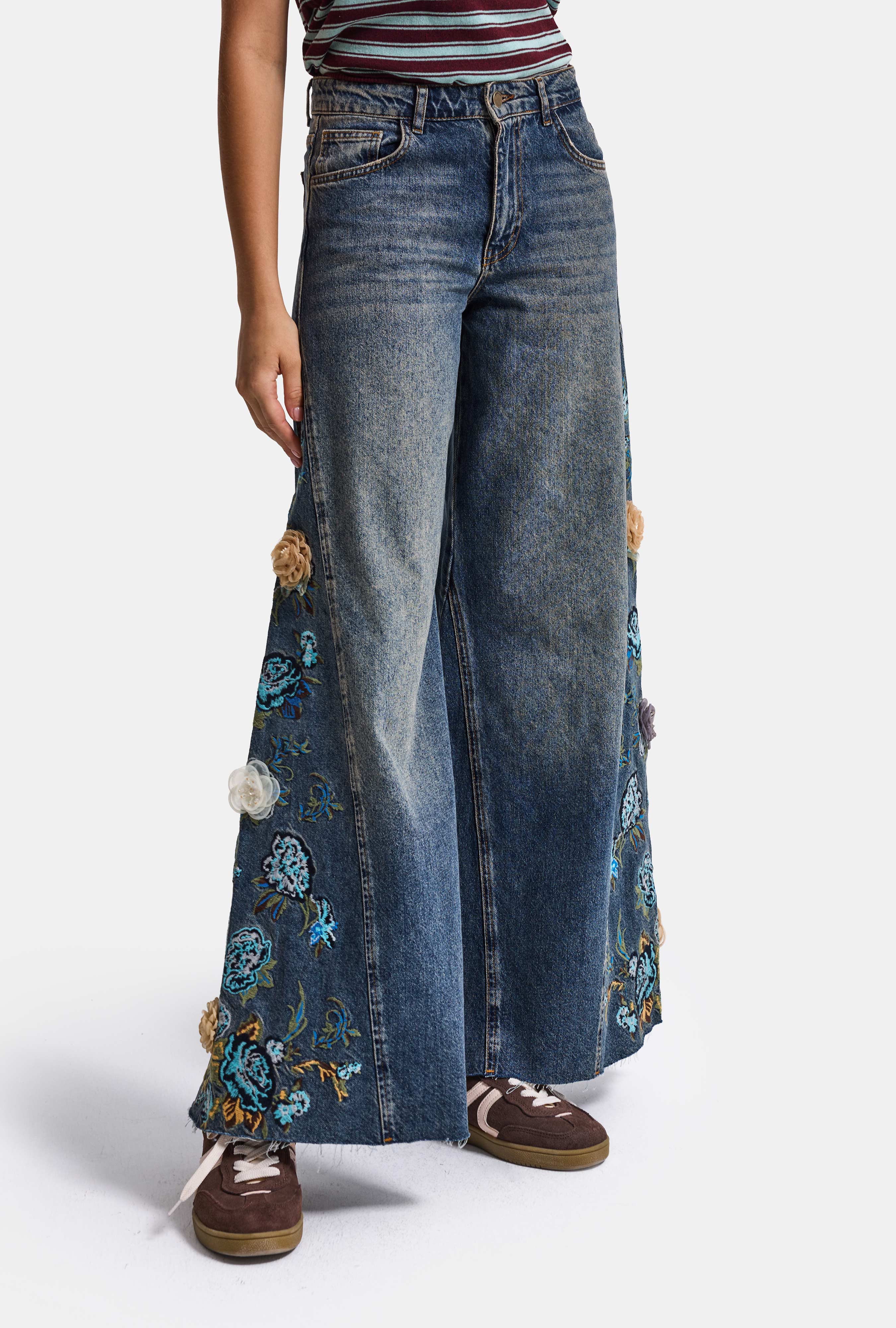 Kadın Koyu Kot 4w6-8 Palazzo Fit Nakış ve 3D Gül Detaylı Özel Tasarım Denim Jean