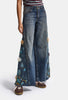 Kadın Koyu Kot 4w6-8 Palazzo Fit Nakış ve 3D Gül Detaylı Özel Tasarım Denim Jean