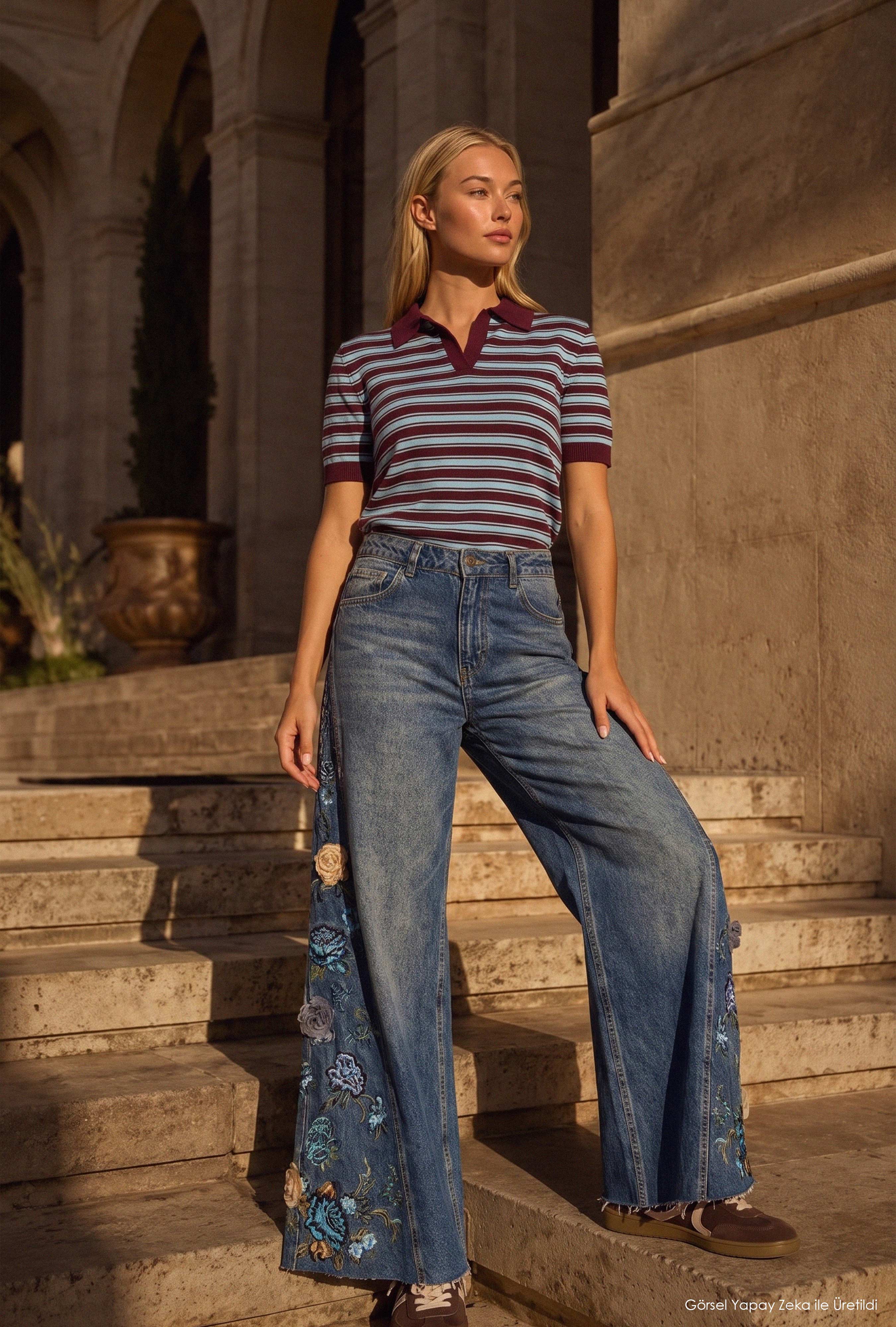 Kadın Koyu Kot 4w6-8 Palazzo Fit Nakış ve 3D Gül Detaylı Özel Tasarım Denim Jean