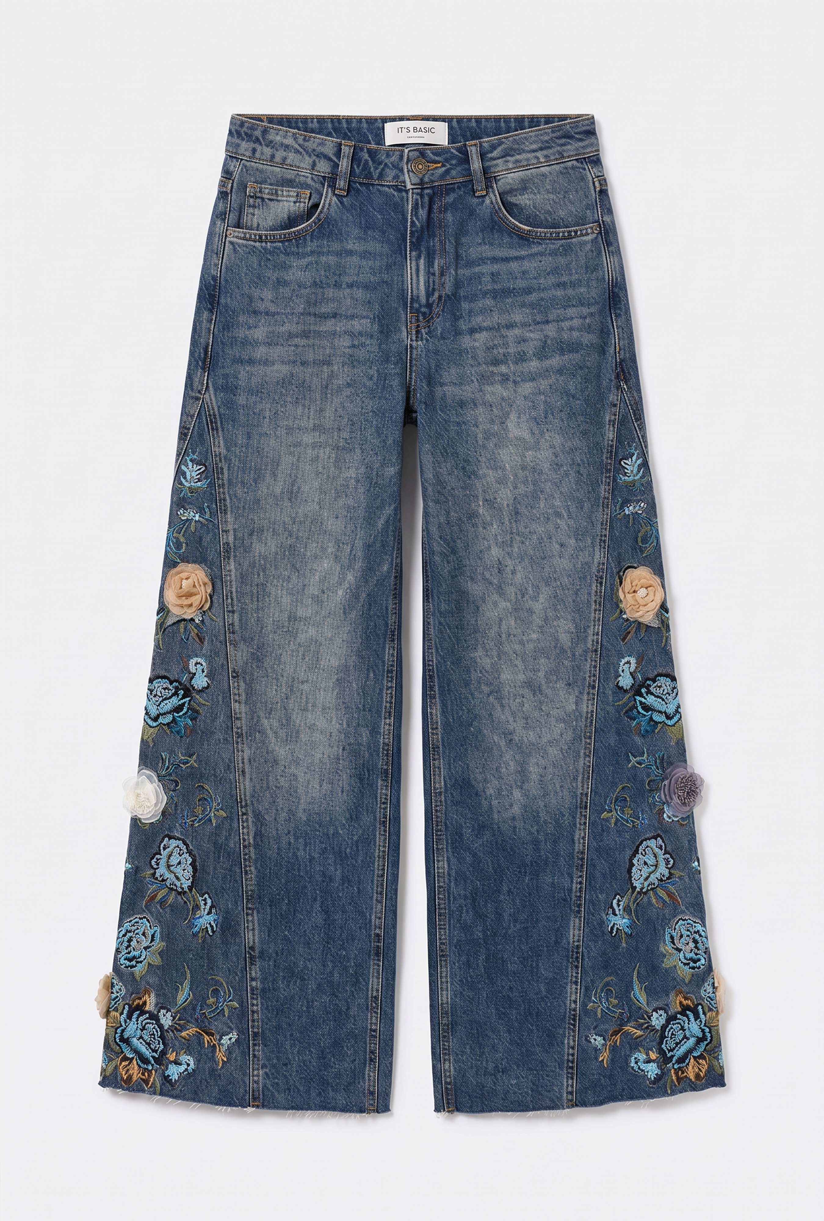 Kadın Koyu Kot 4w6-8 Palazzo Fit Nakış ve 3D Gül Detaylı Özel Tasarım Denim Jean