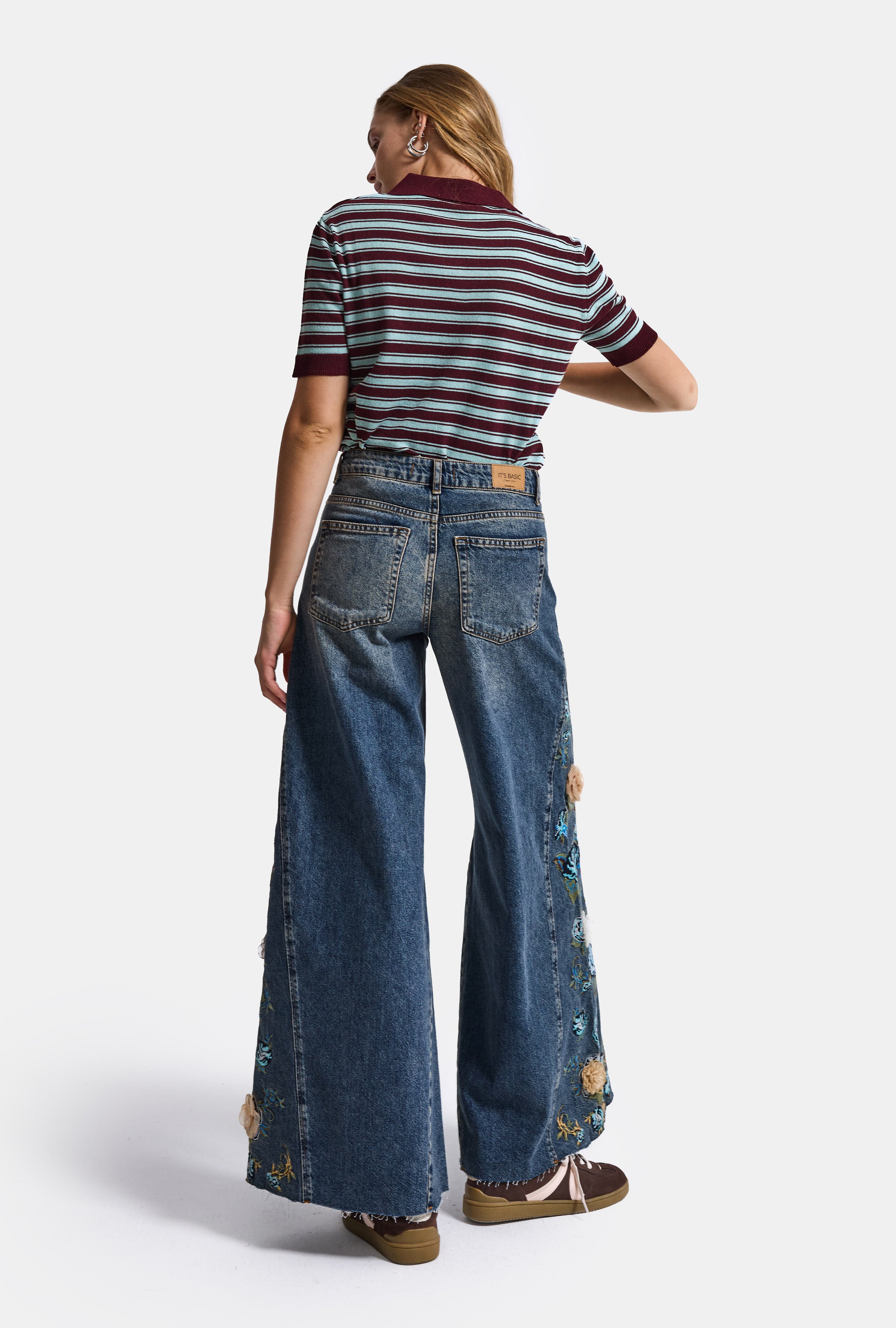 Kadın Koyu Kot 4w6-8 Palazzo Fit Nakış ve 3D Gül Detaylı Özel Tasarım Denim Jean