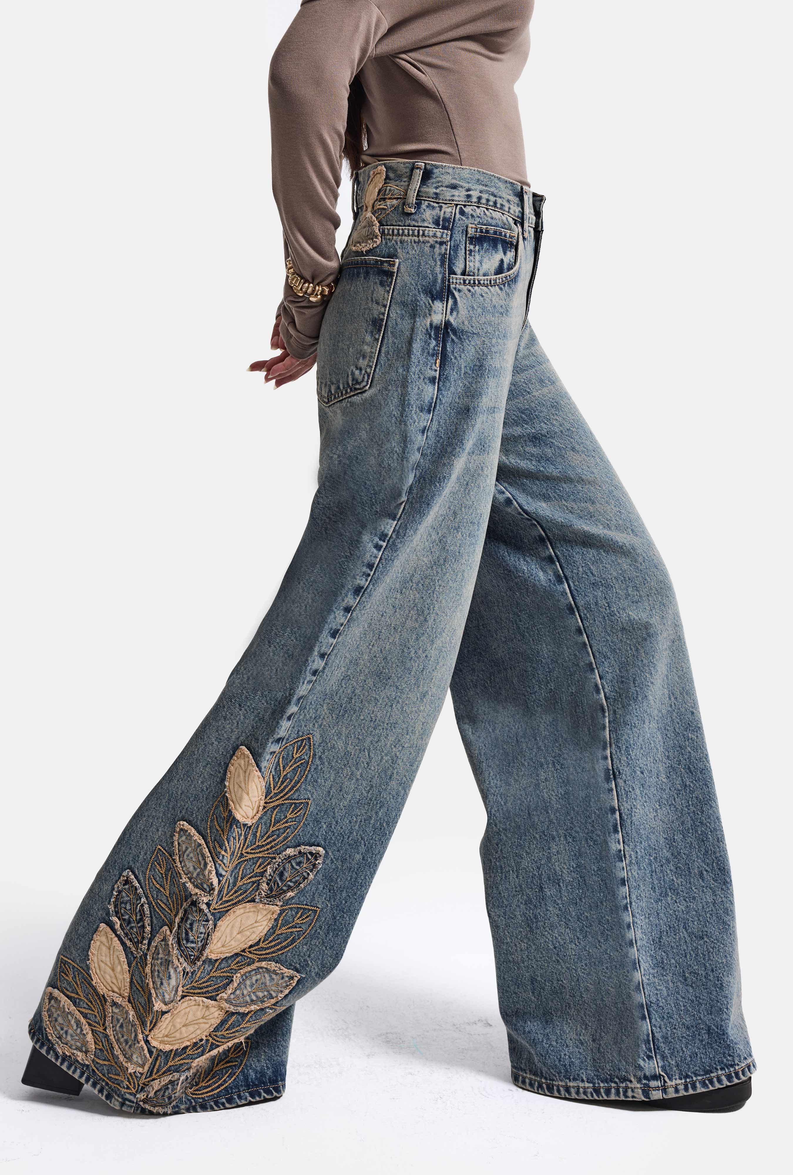 Kadın Koyu Kot 4w6-8 Palazzo Fit Özel Nakış Desenli Tasarım Denim Jean