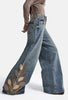 Kadın Koyu Kot 4w6-8 Palazzo Fit Özel Nakış Desenli Tasarım Denim Jean