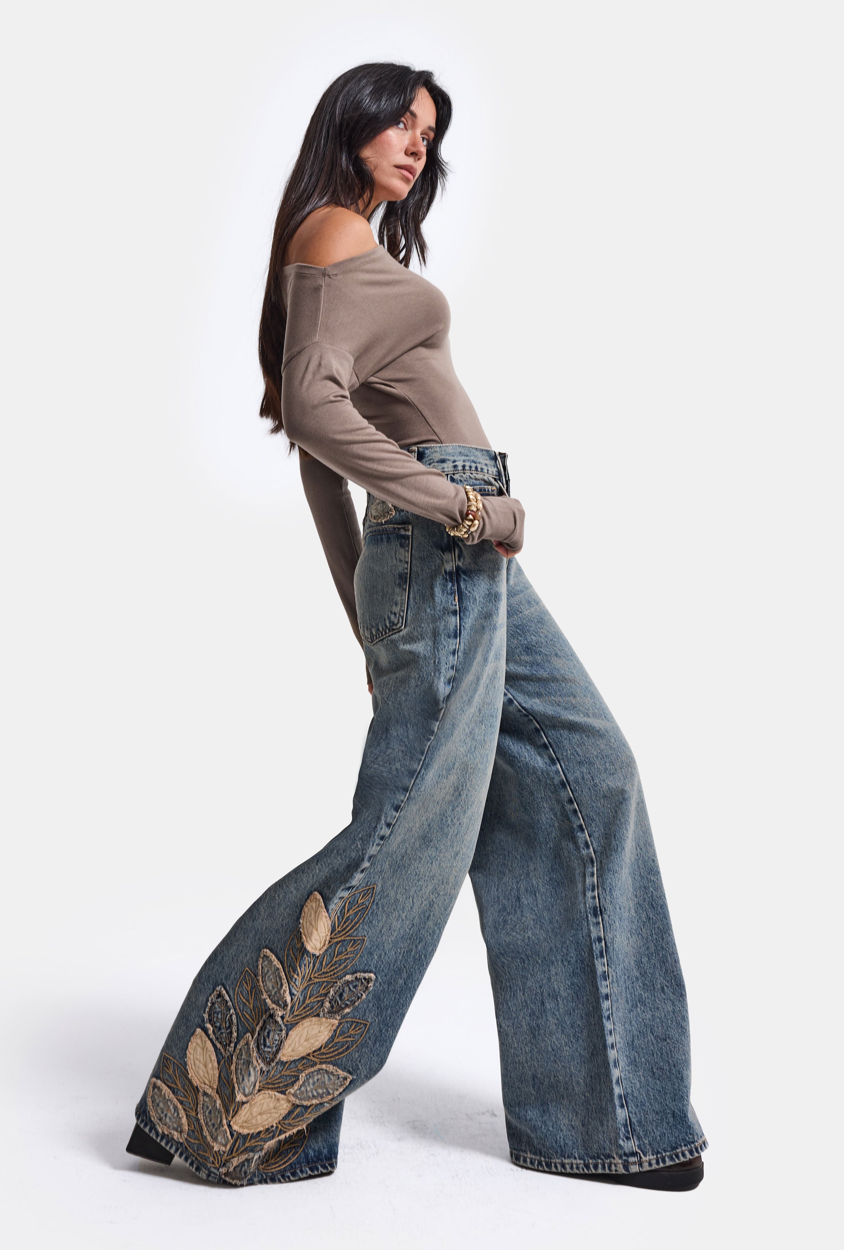 Kadın Koyu Kot 4w6-8 Palazzo Fit Özel Nakış Desenli Tasarım Denim Jean