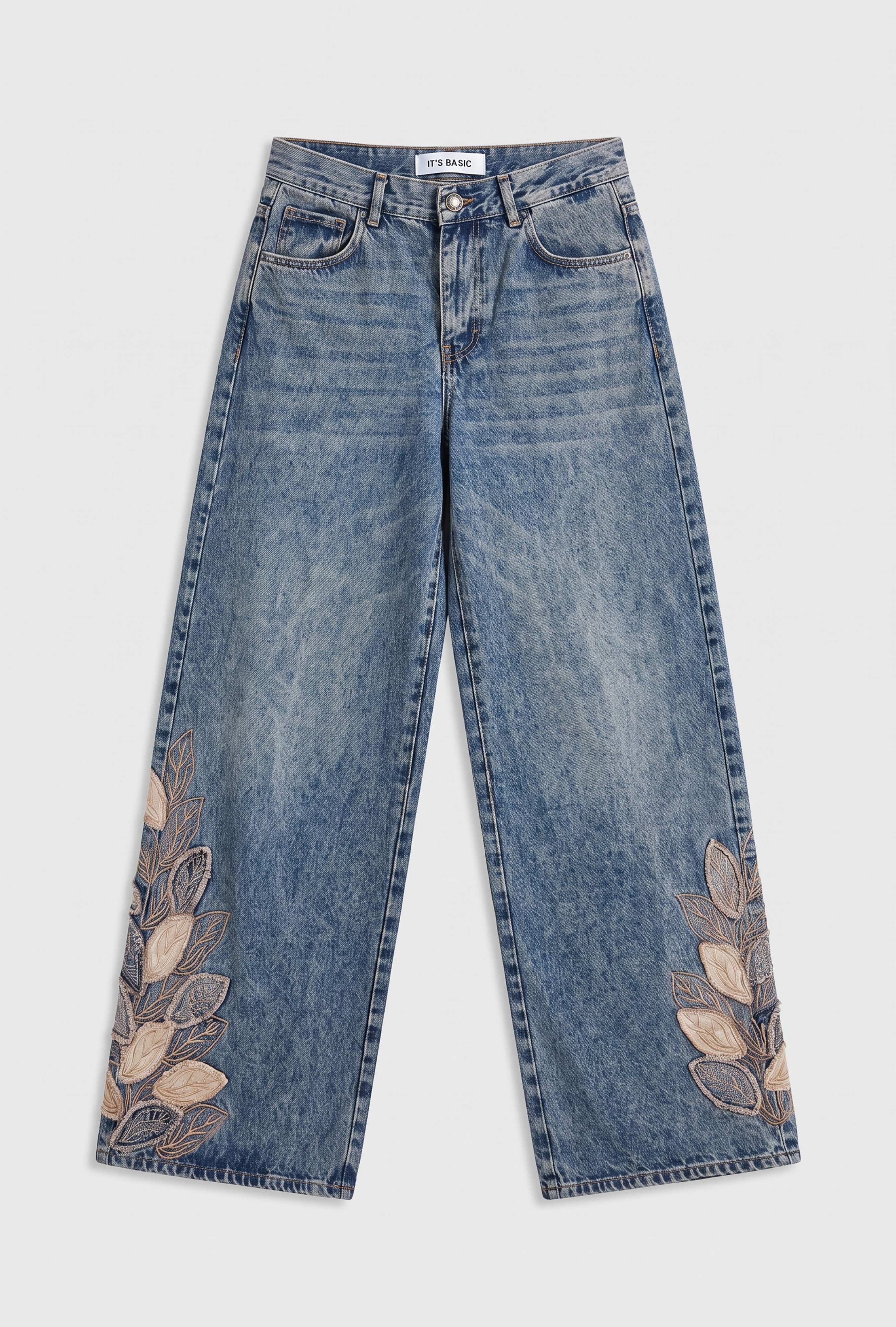 Kadın Koyu Kot 4w6-8 Palazzo Fit Özel Nakış Desenli Tasarım Denim Jean