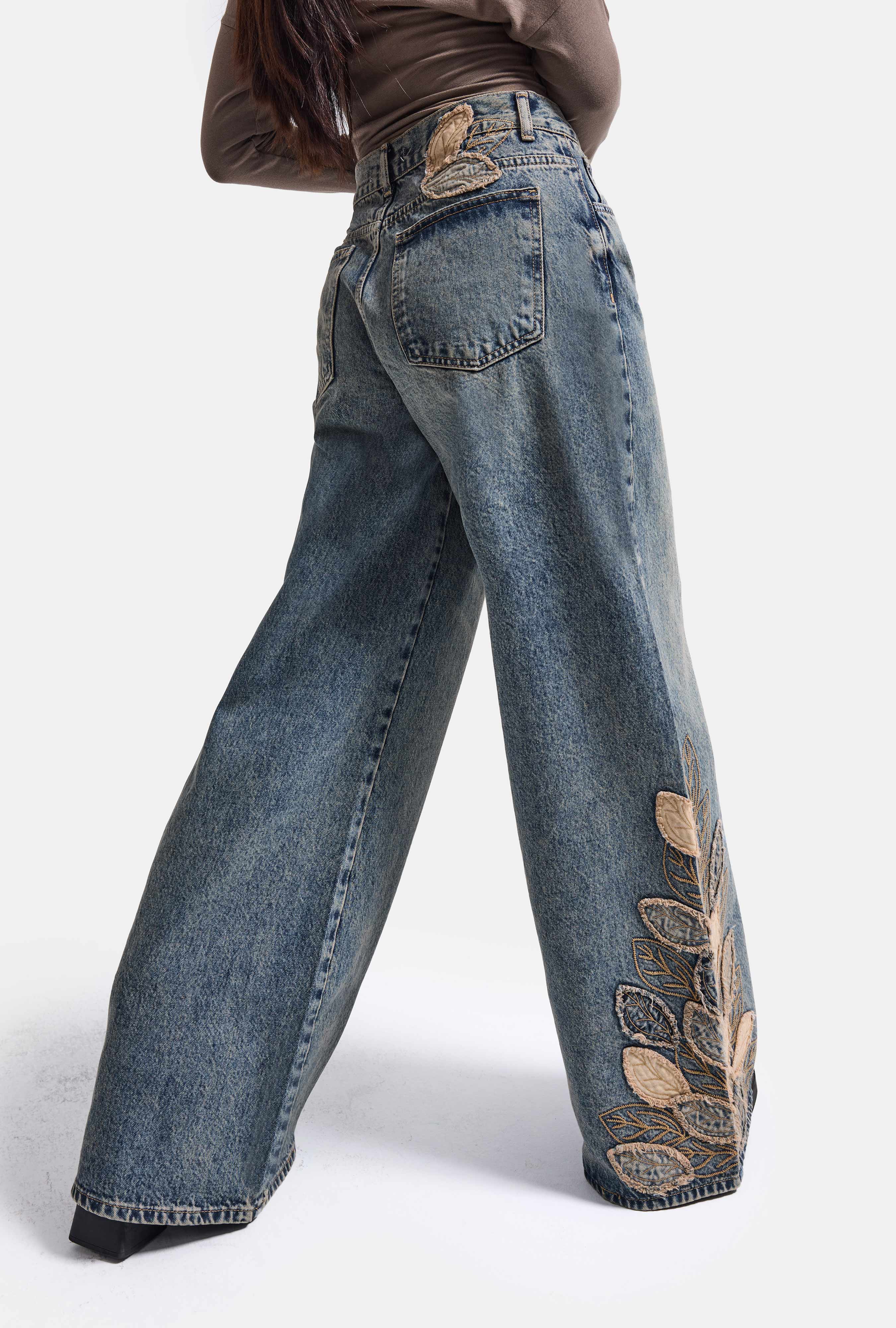 Kadın Koyu Kot 4w6-8 Palazzo Fit Özel Nakış Desenli Tasarım Denim Jean