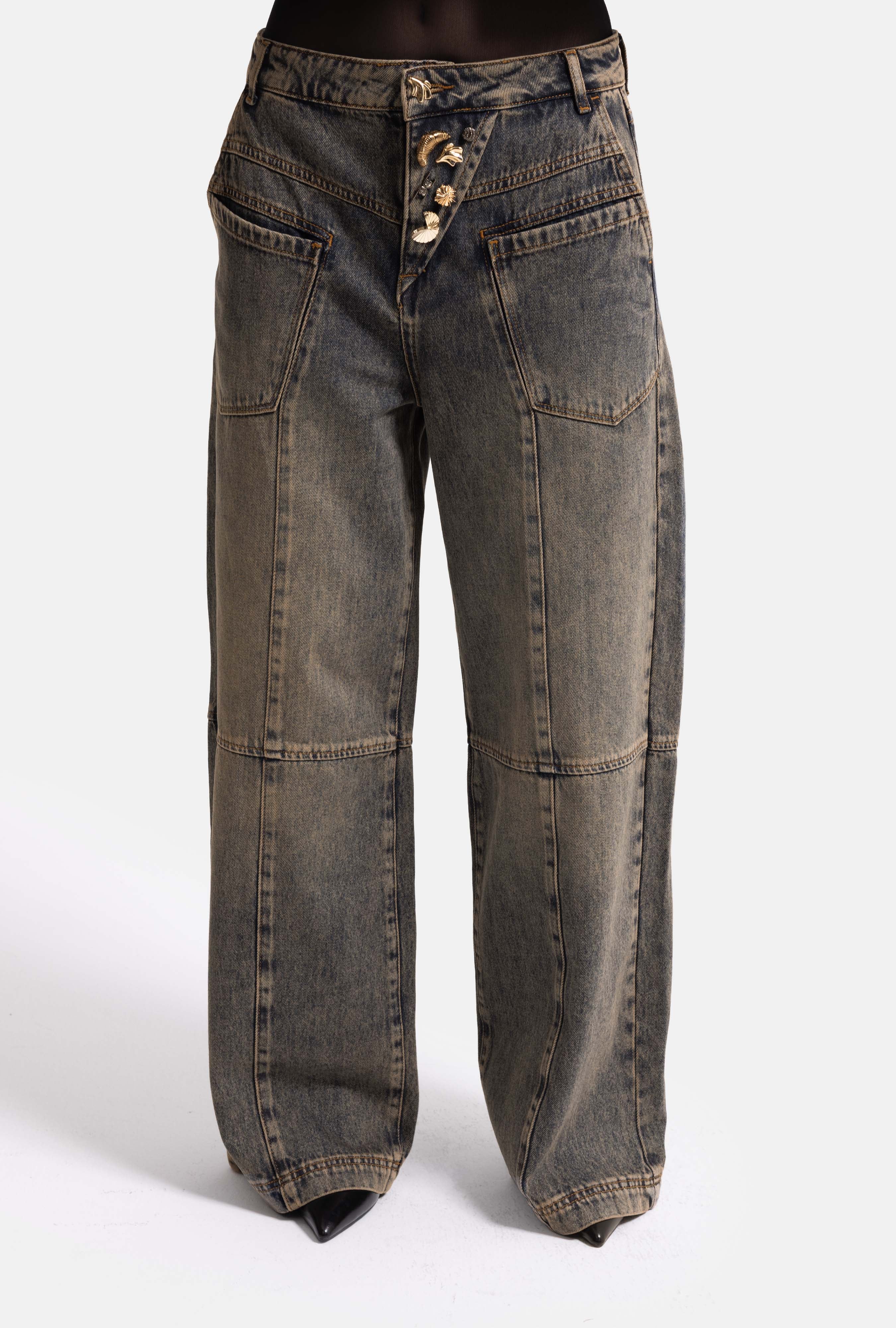 Kadın Koyu Kot 4w6-85 Mega Baggy Aksesuar Detaylı Tasarım Denim Jean