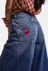 Kadın Koyu Kot 4w6-98 Culotte Fit Kiraz Nakış Detaylı Tasarım Denim Jean