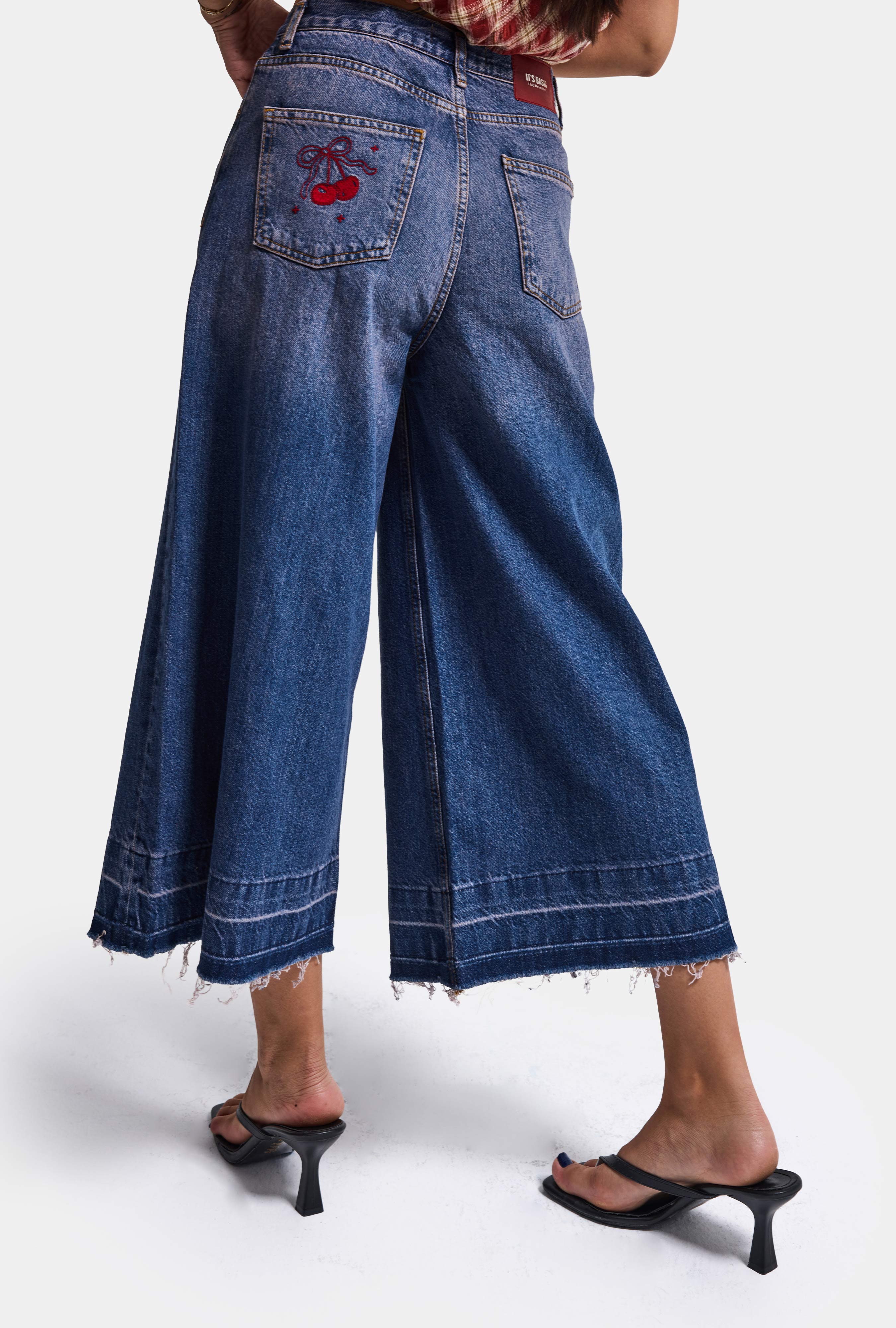 Kadın Koyu Kot 4w6-98 Culotte Fit Kiraz Nakış Detaylı Tasarım Denim Jean