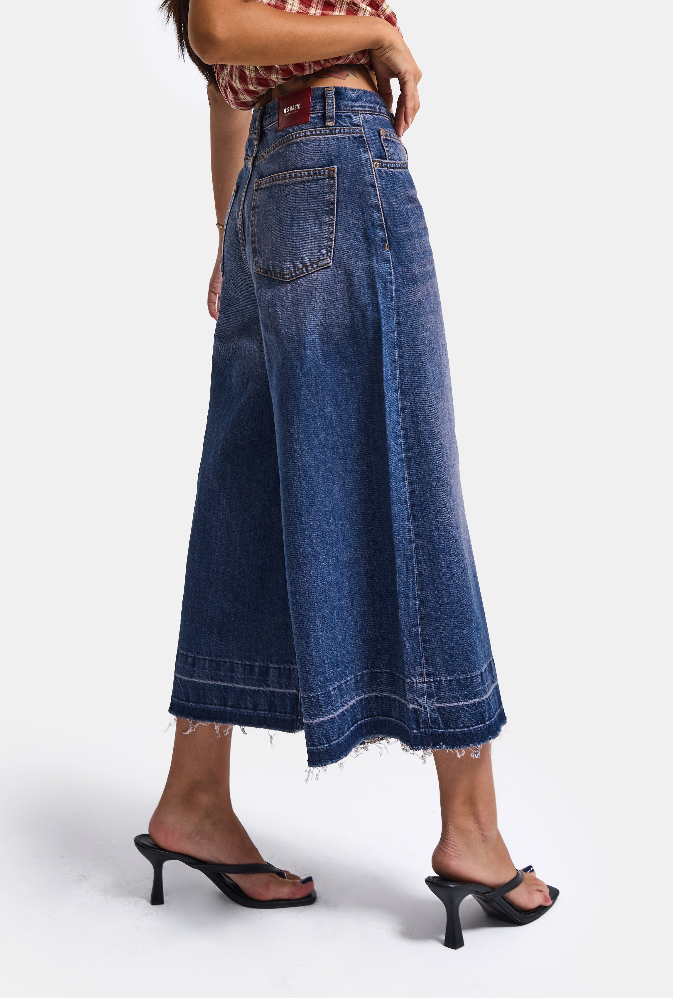 Kadın Koyu Kot 4w6-98 Culotte Fit Kiraz Nakış Detaylı Tasarım Denim Jean