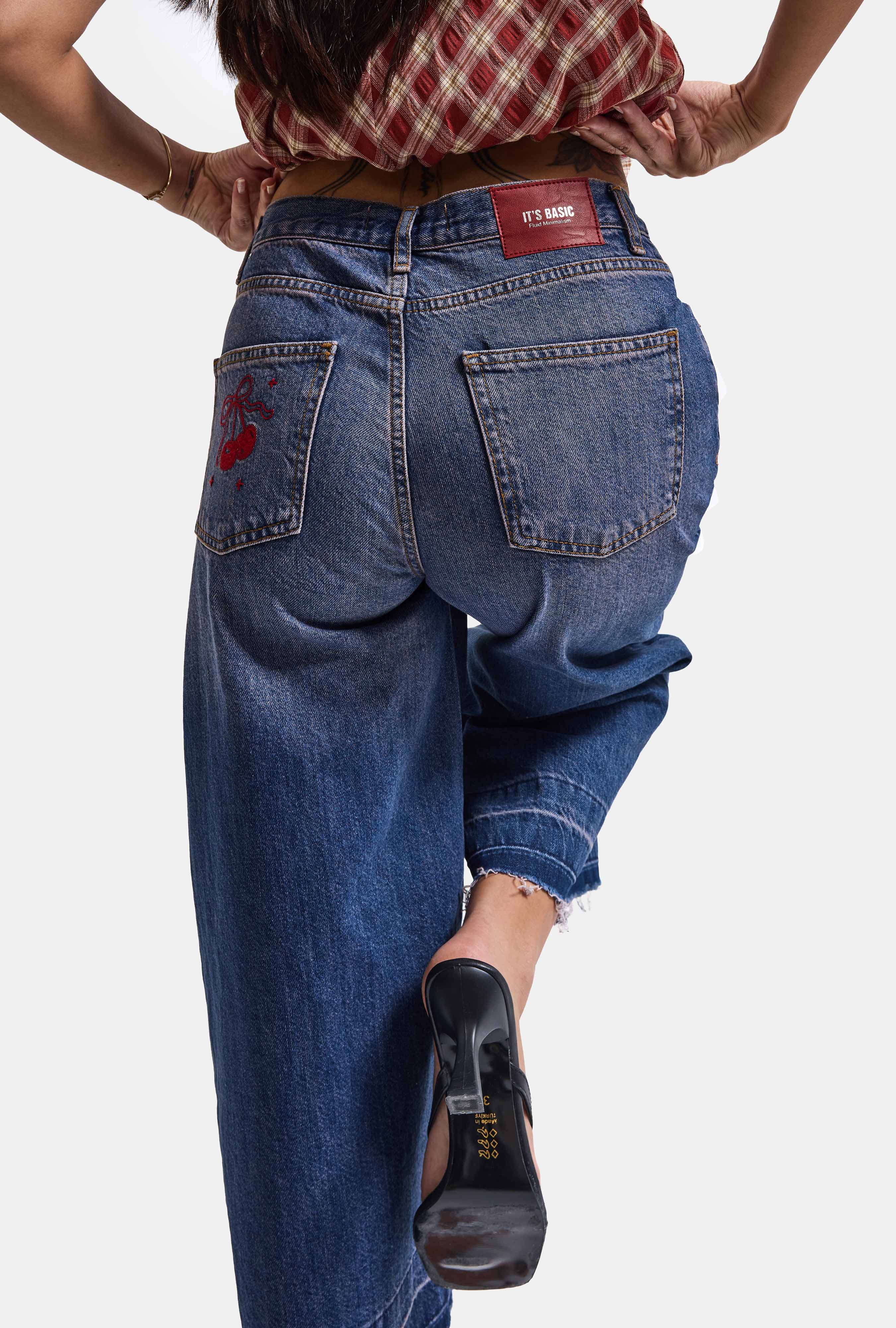 Kadın Koyu Kot 4w6-98 Culotte Fit Kiraz Nakış Detaylı Tasarım Denim Jean