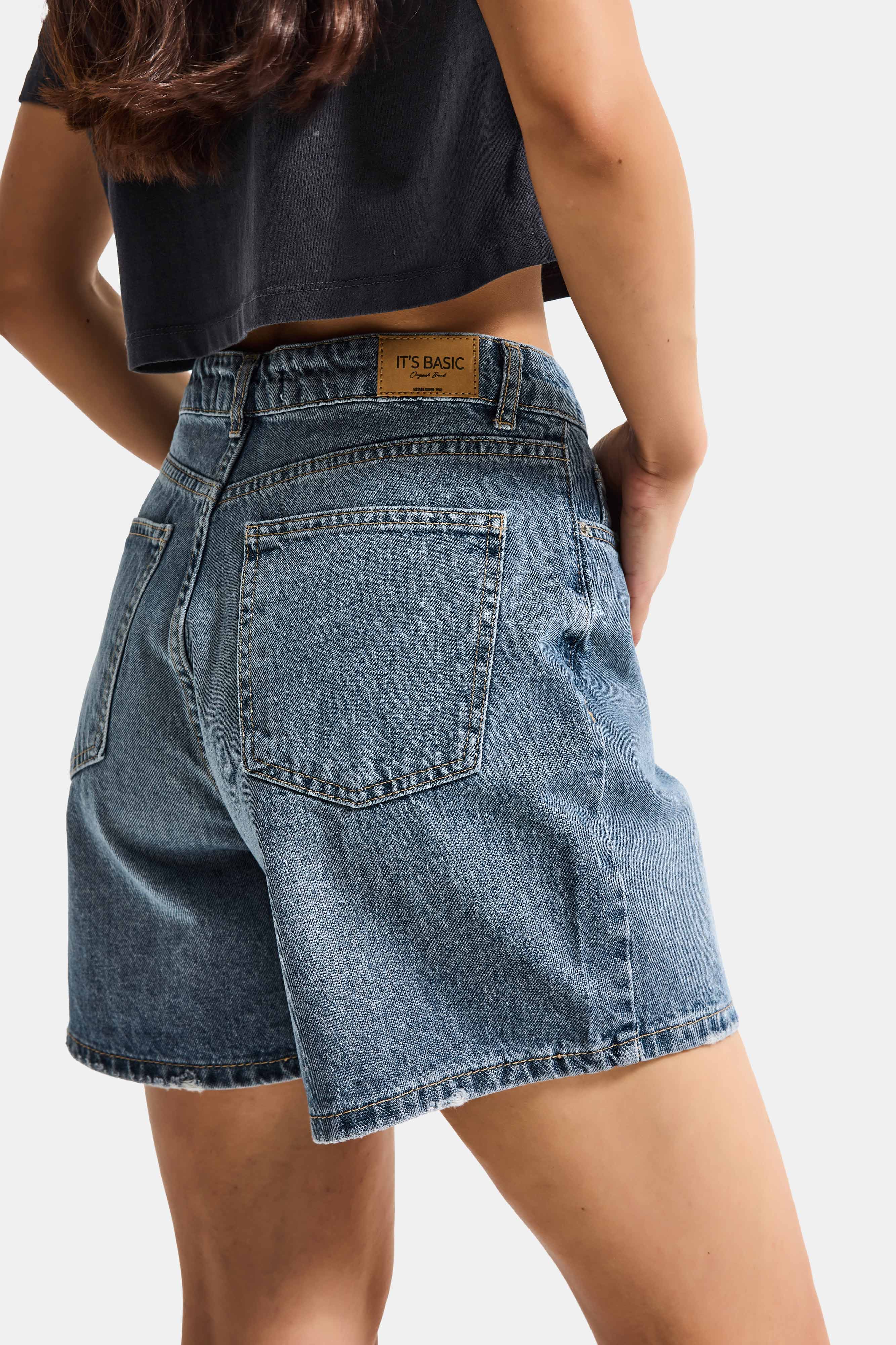 Kadın Koyu Kot Rengi 2s6-125 Mom Fit Midi Boy %100 Koton Denim Şort