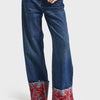 Kadın Koyu Kot Rengi 2w5-10 Straight Fit %100 Koton Paça Kırmızı Nakış Desenli Özel Tasarım Denim Jean