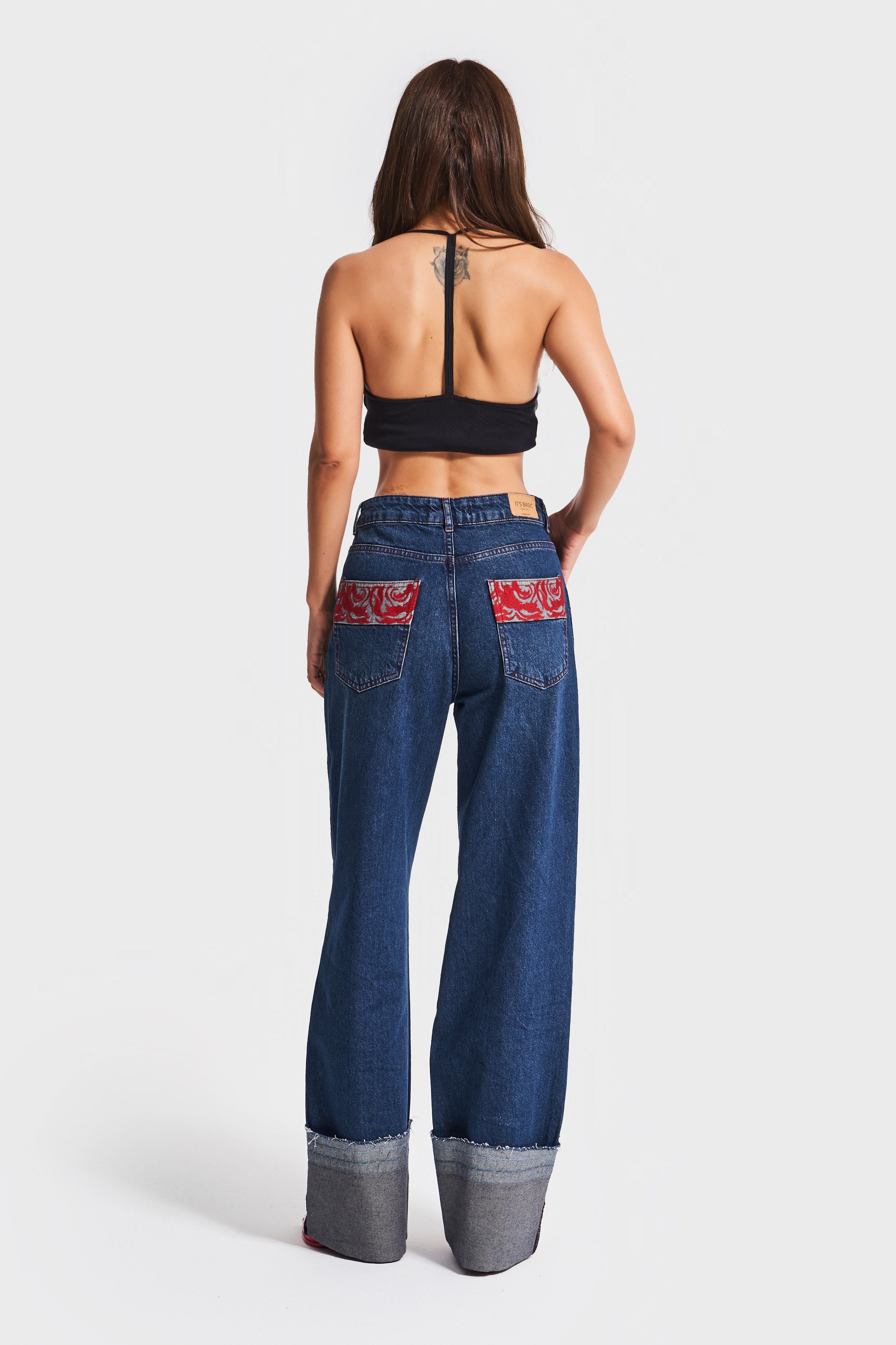 Kadın Koyu Kot Rengi 2w5-10 Straight Fit %100 Koton Paça Kırmızı Nakış Desenli Özel Tasarım Denim Jean