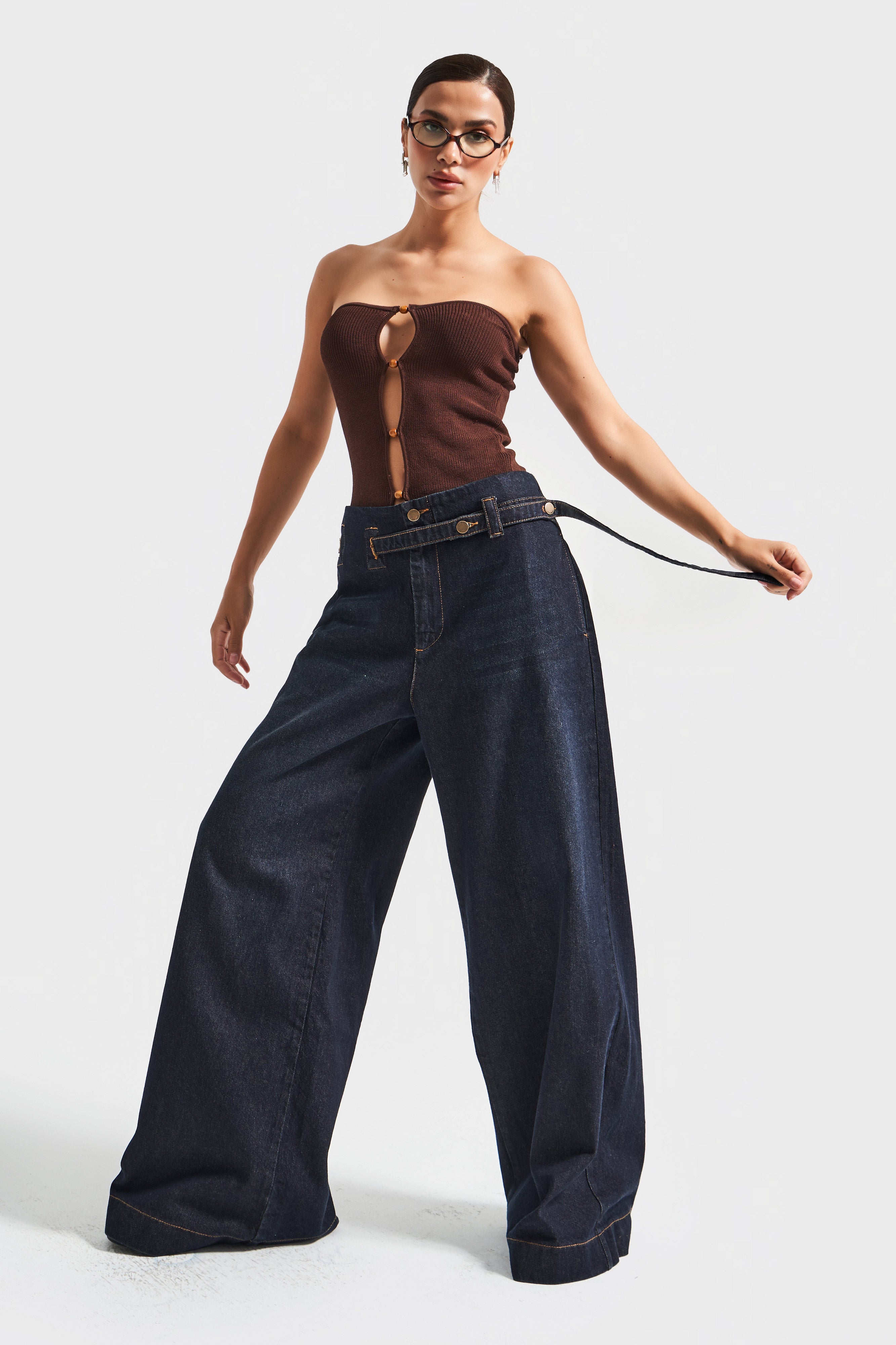 Kadın Koyu Kot Rengi 2w5-128 Süper Palazzo Fit %100 Koton Kemer Detaylı İç Boy 83cm Denim Jean