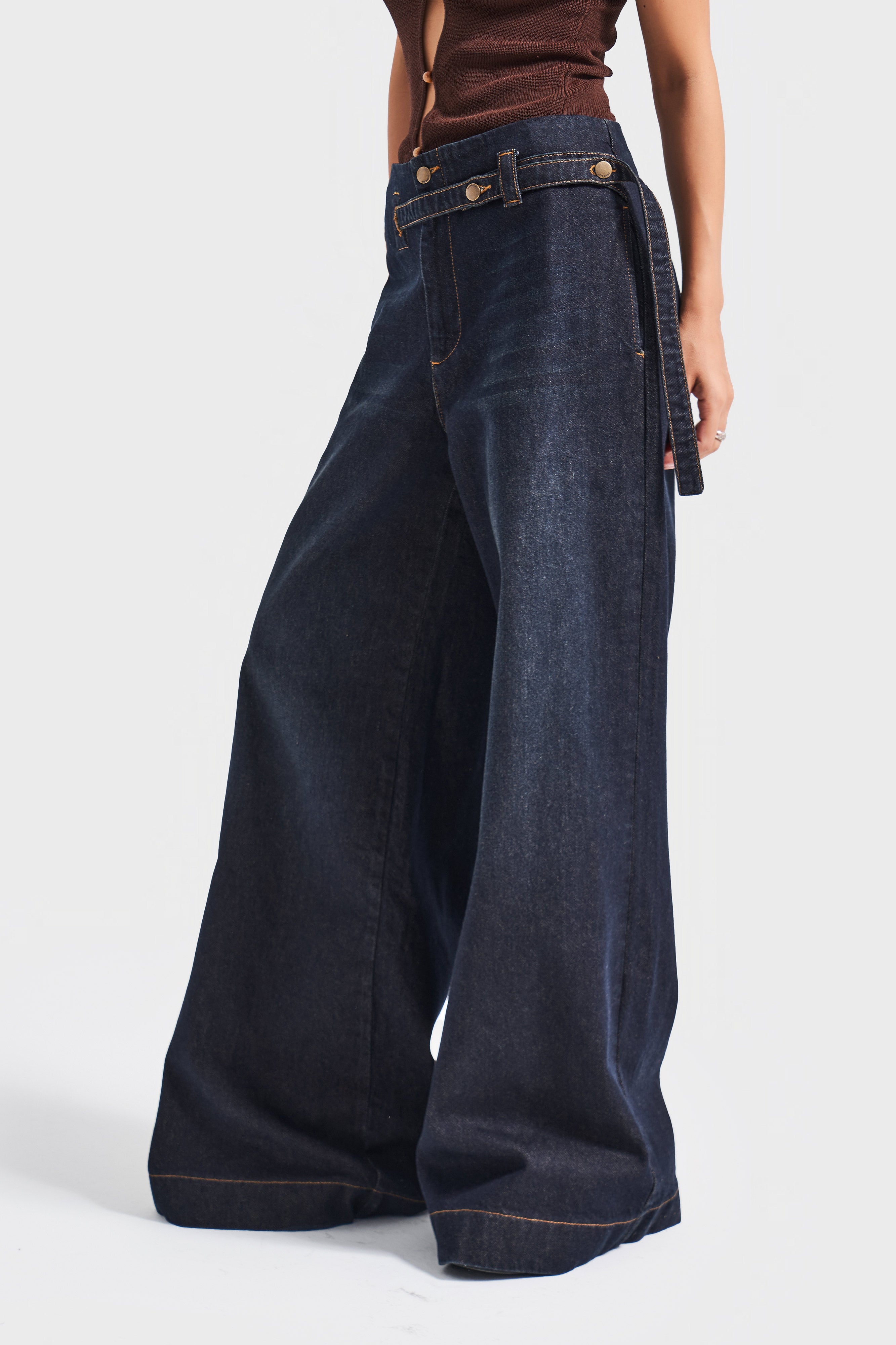 Kadın Koyu Kot Rengi 2w5-128 Süper Palazzo Fit %100 Koton Kemer Detaylı İç Boy 83cm Denim Jean