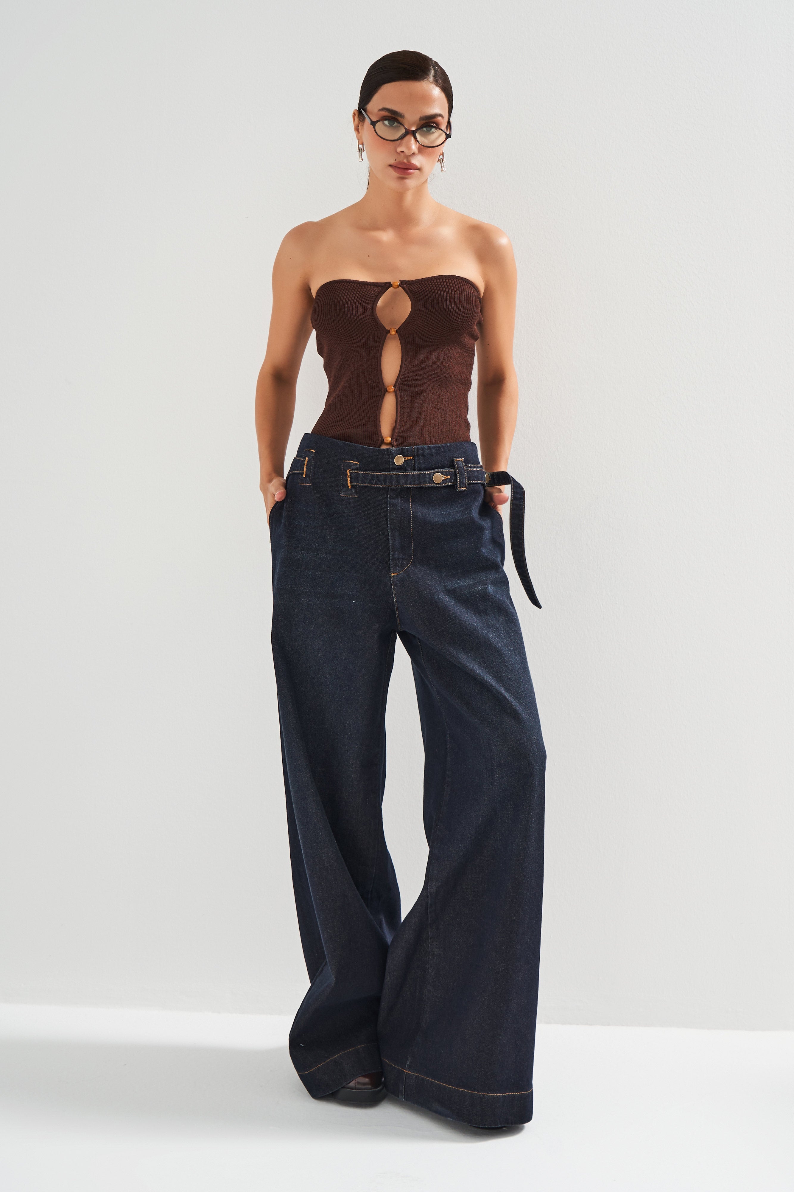 Kadın Koyu Kot Rengi 2w5-128 Süper Palazzo Fit %100 Koton Kemer Detaylı İç Boy 83cm Denim Jean