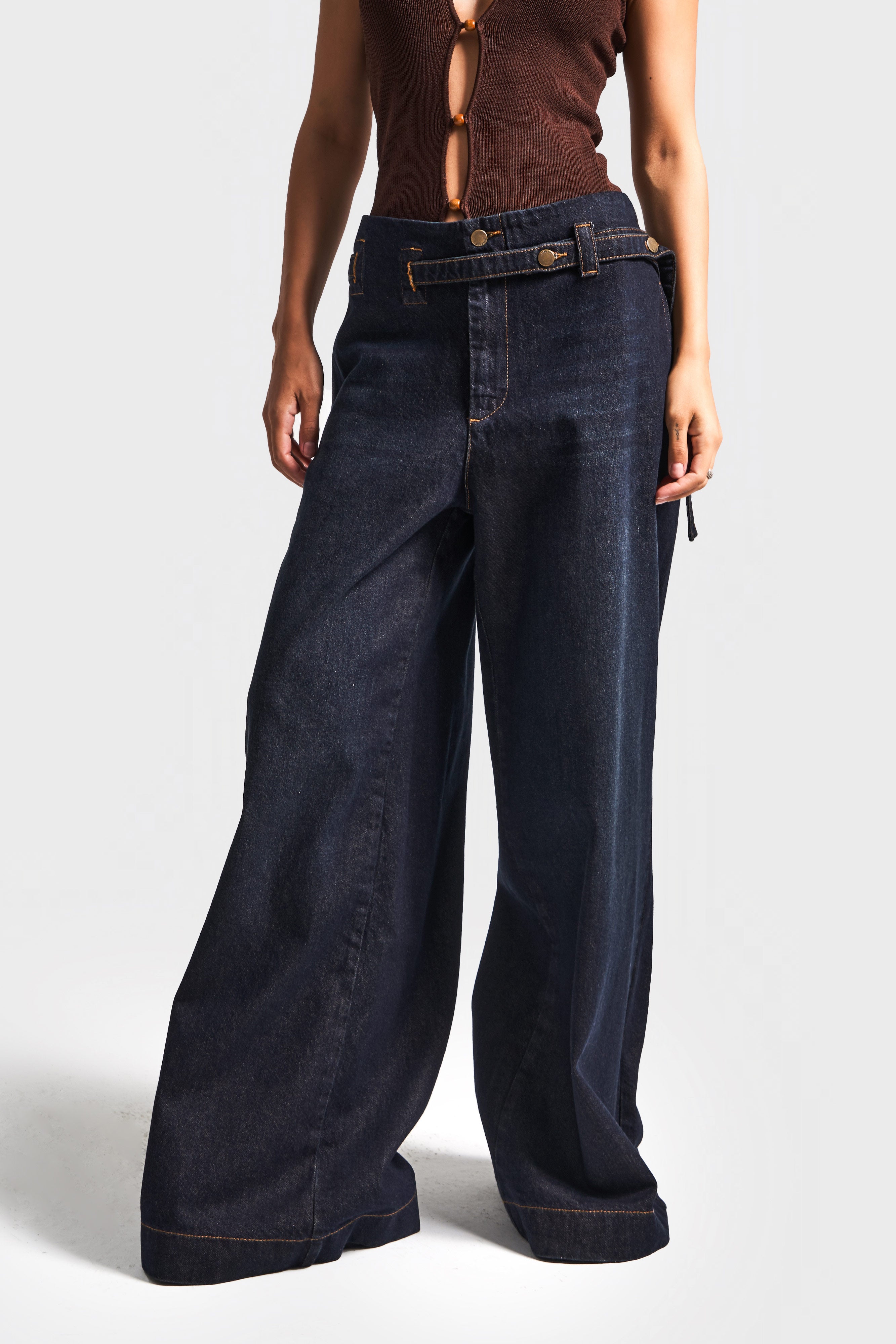 Kadın Koyu Kot Rengi 2w5-128 Süper Palazzo Fit %100 Koton Kemer Detaylı İç Boy 83cm Denim Jean